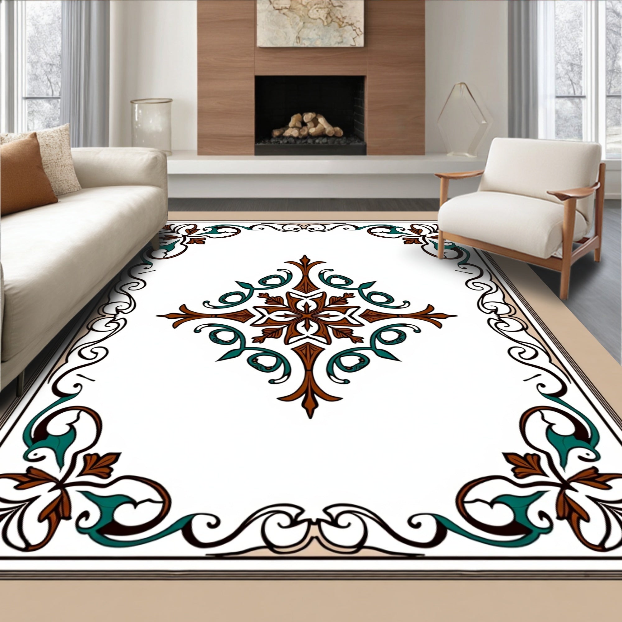 Brown Teal Floral Medallion Border Rug
