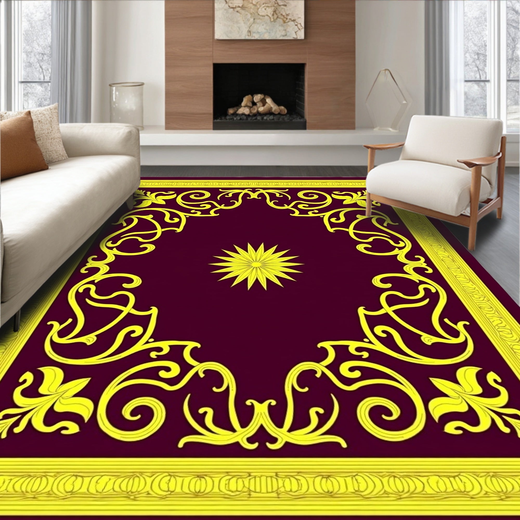 Ornate Yellow Floral Starburst Plum Rug