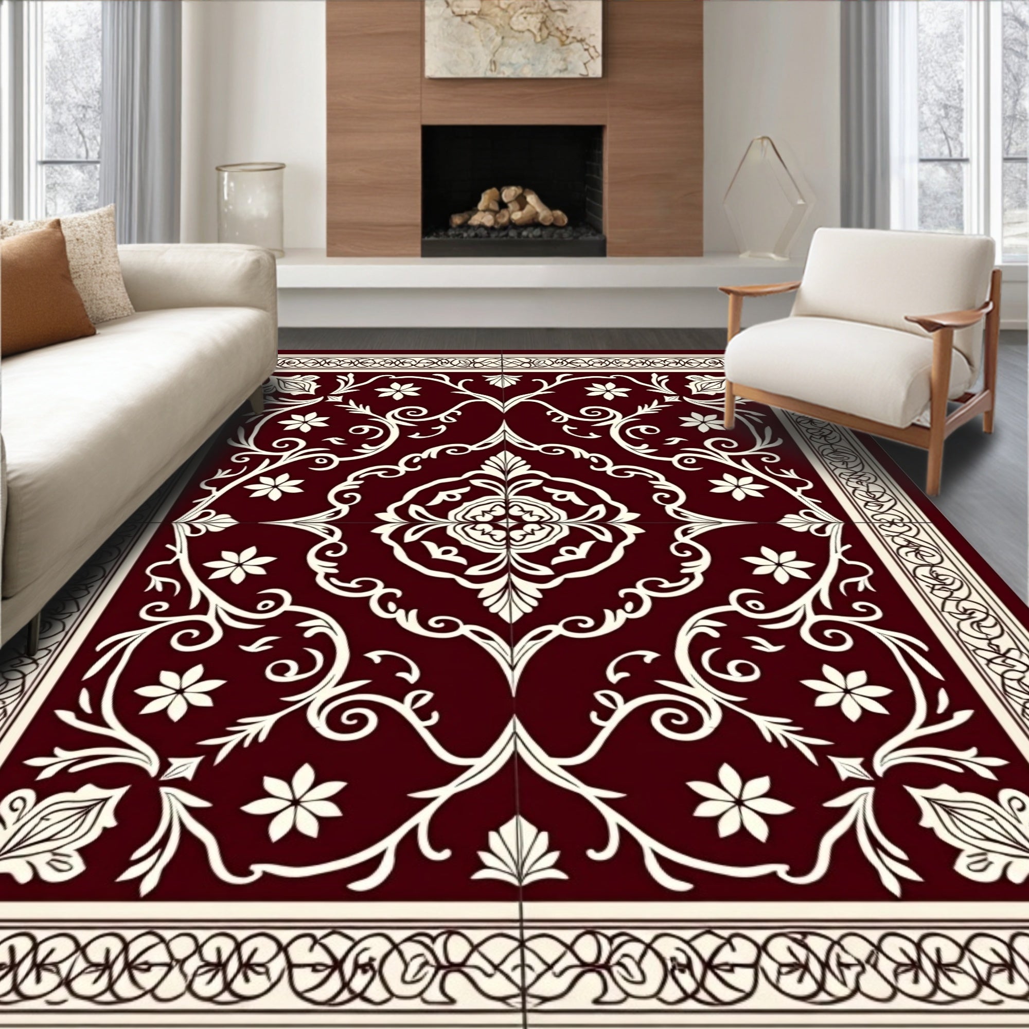 Deep Red Cream Floral Medallion Rug