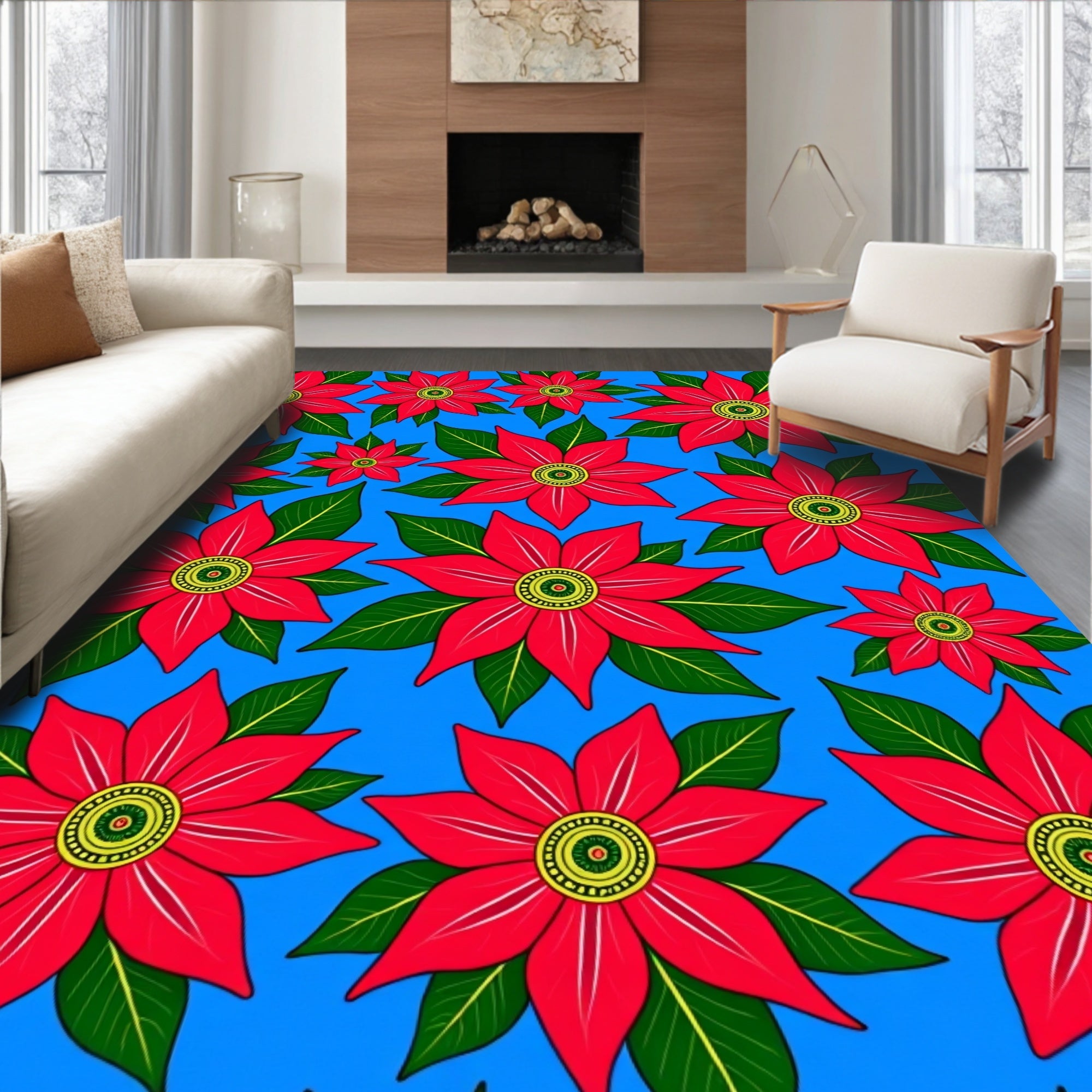 Vibrant Red Floral Tile Arrangement Rug