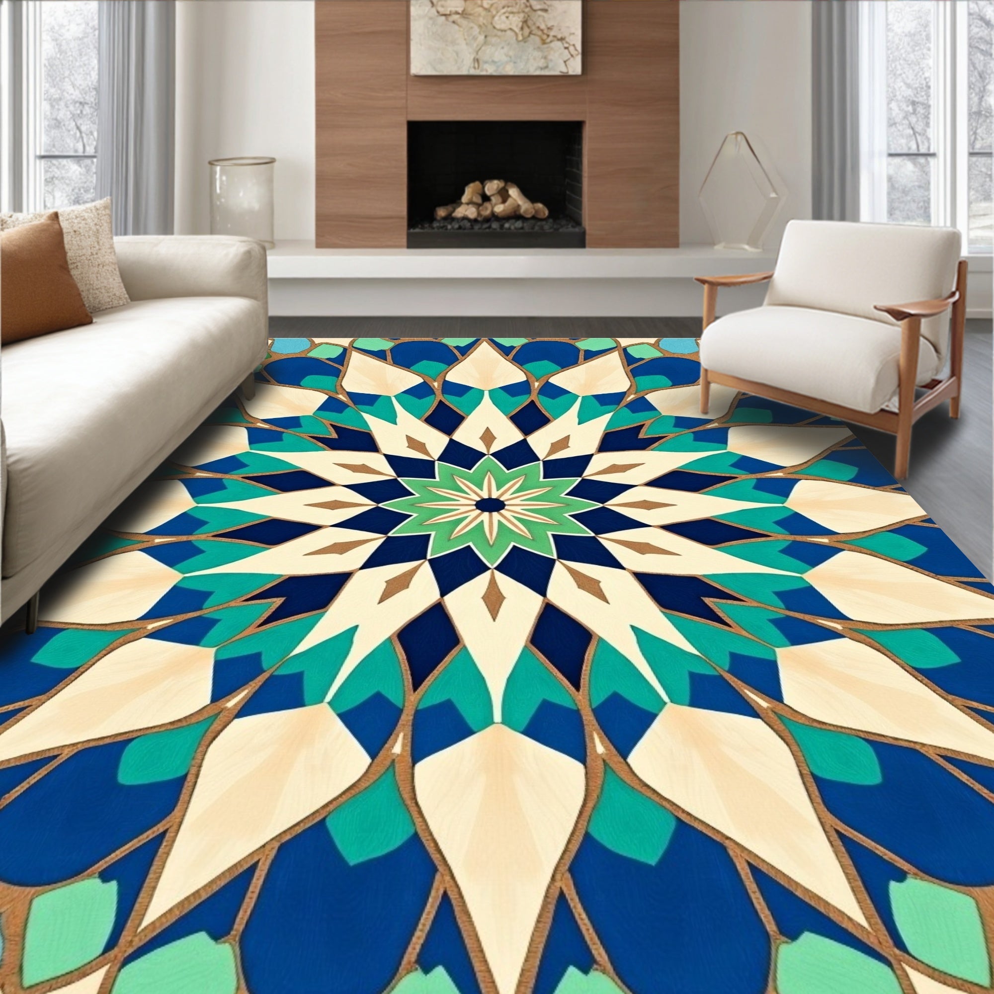 Blue Green Cream Geometric Medallion Rug