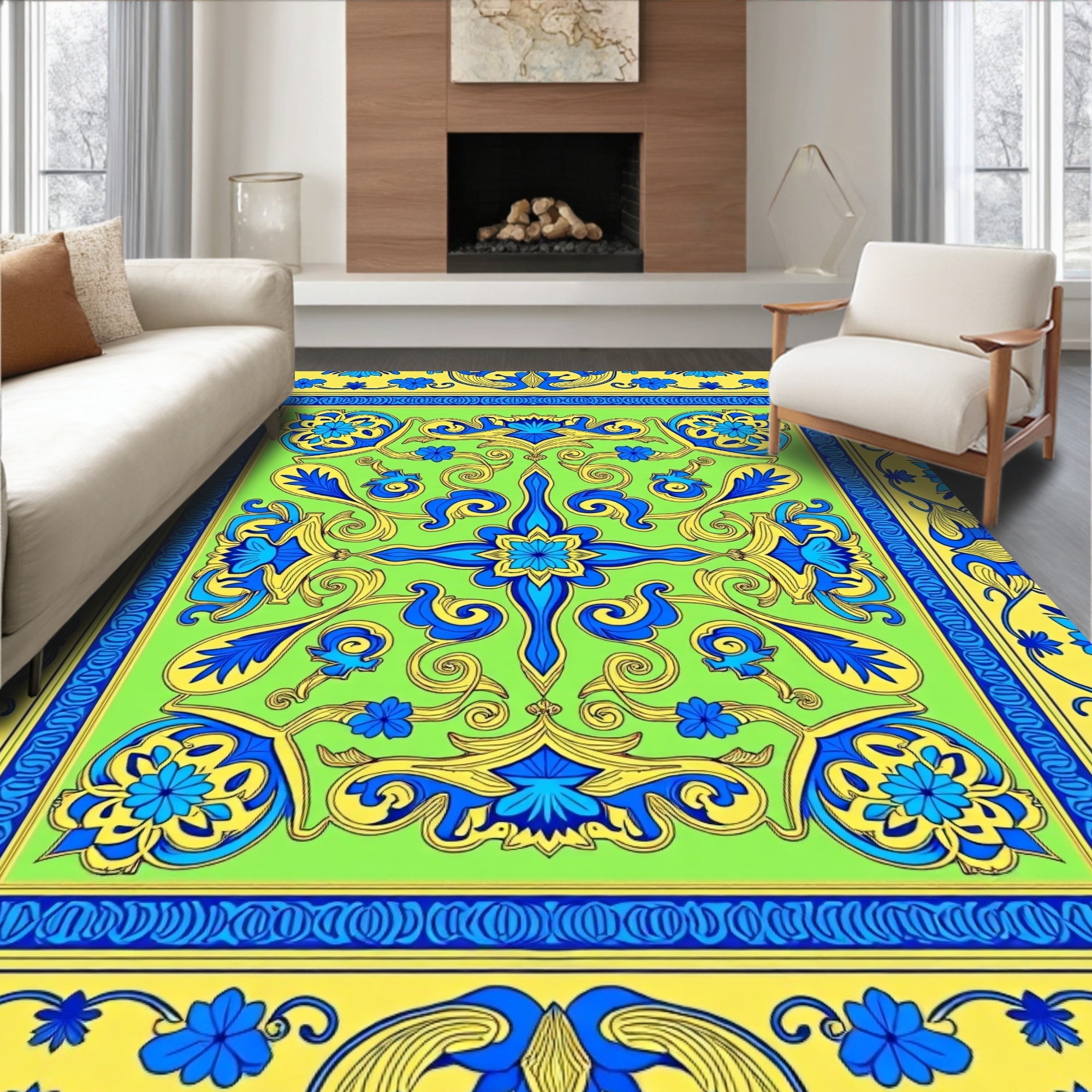 Lively Blue Yellow Floral Symmetry Rug