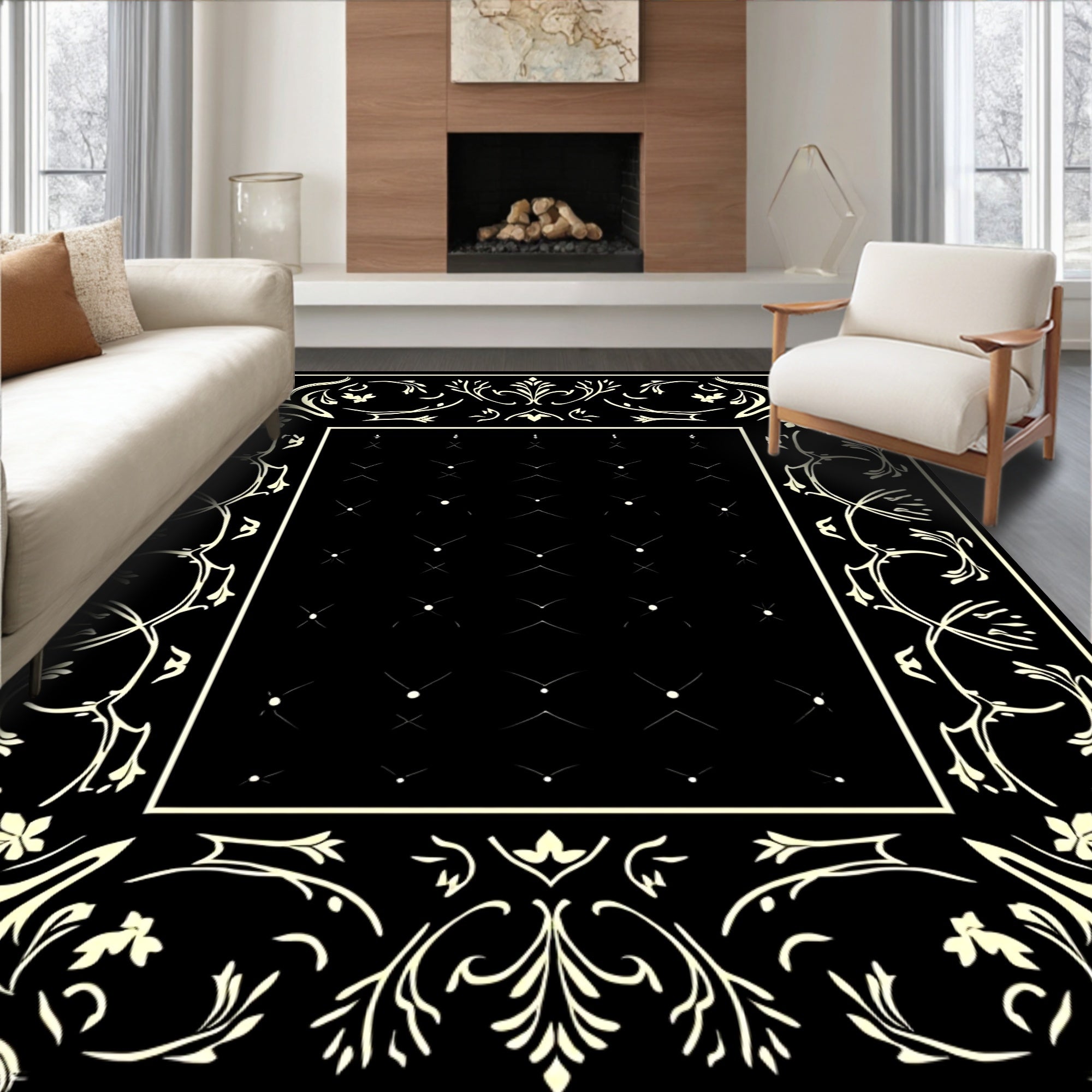 Black Ivory Classical Floral Border Rug