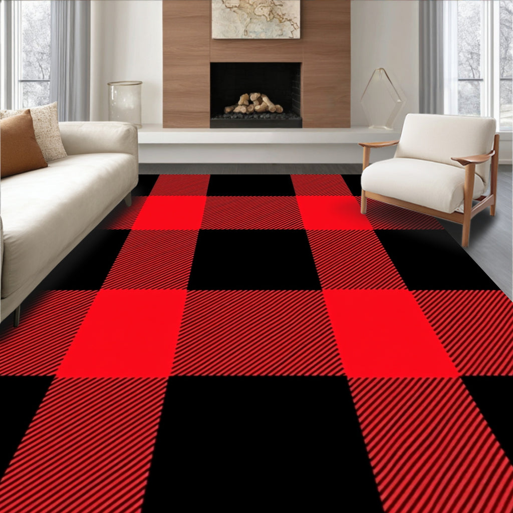 Crimson Black Plaid Squared Weave Rug