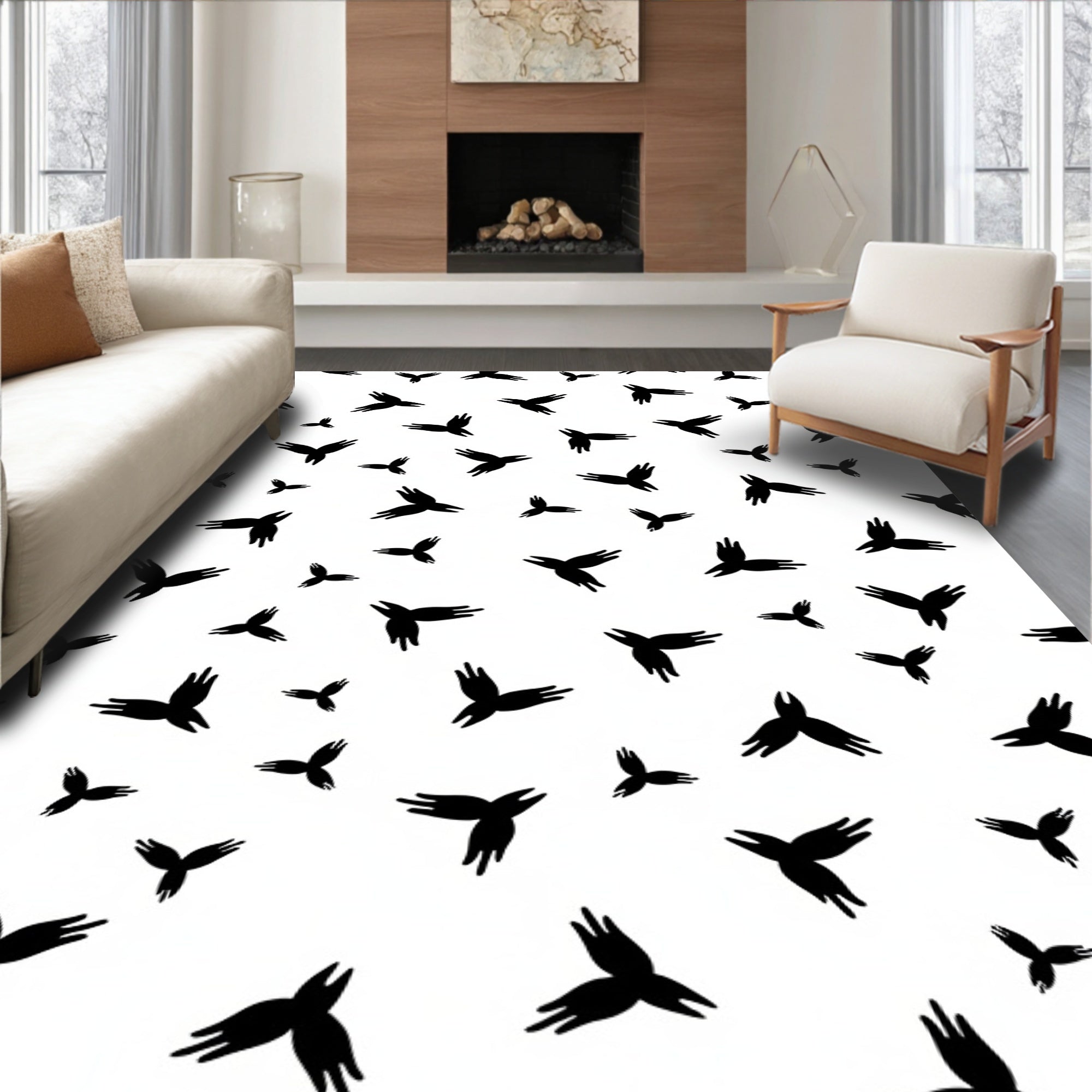 Black Abstract Winged Shapes Rug