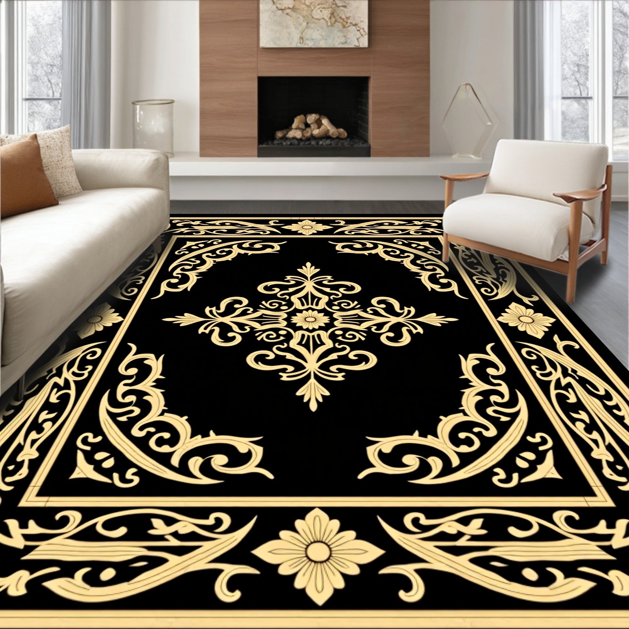 Black and Gold Scrollwork Floral Medallion Rug