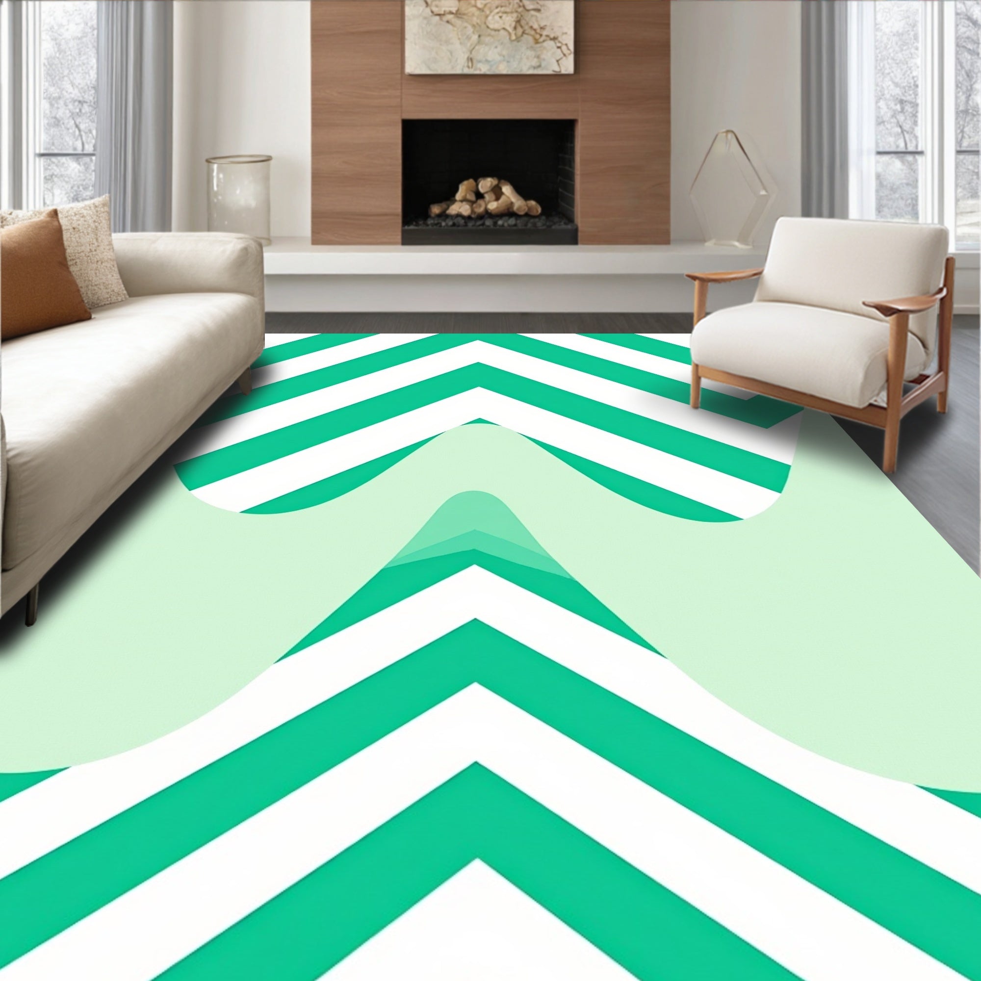 Green White Chevron Wave Rug