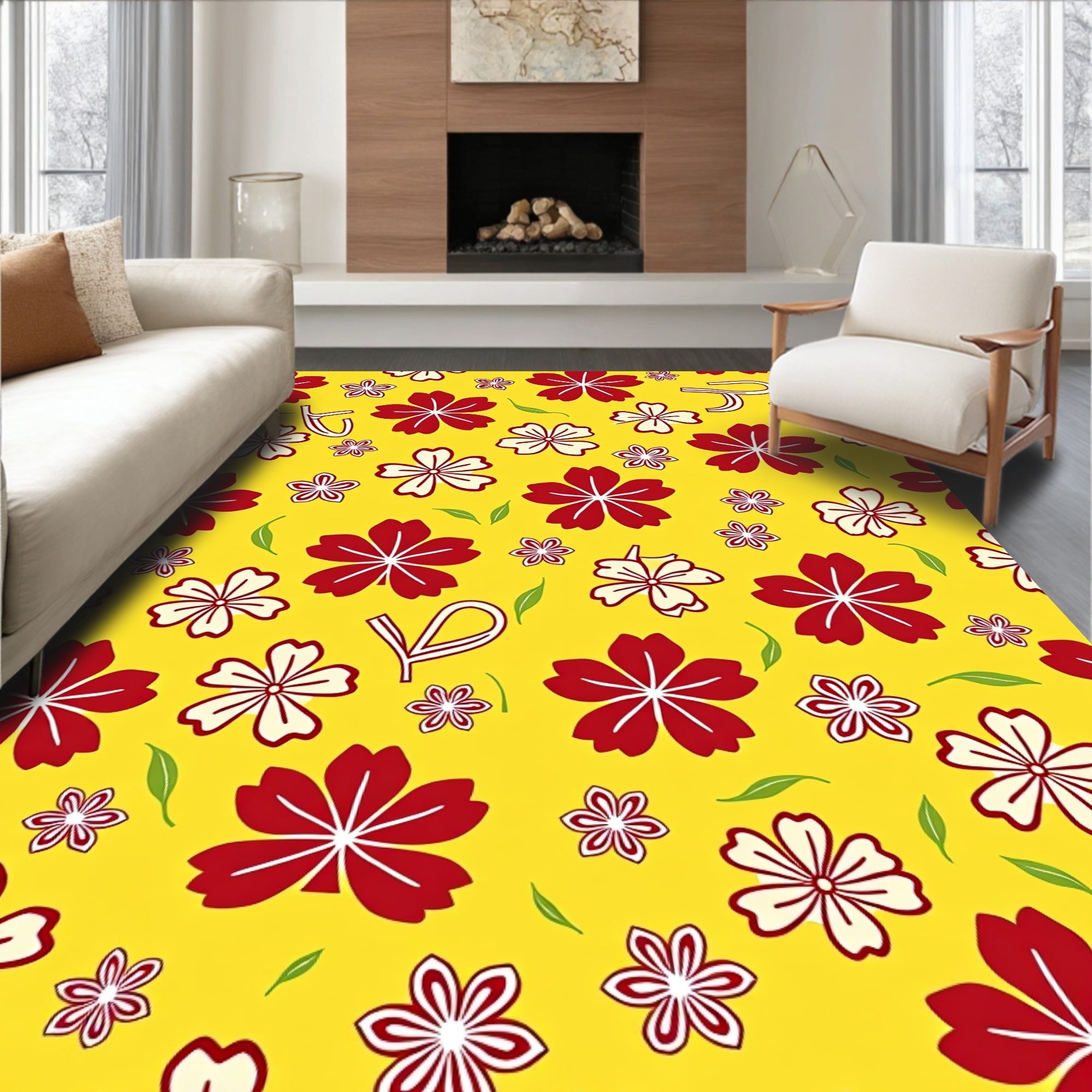 Red White Floral Bright Yellow Background Rug