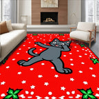 Joyful gray cat red star background Rug