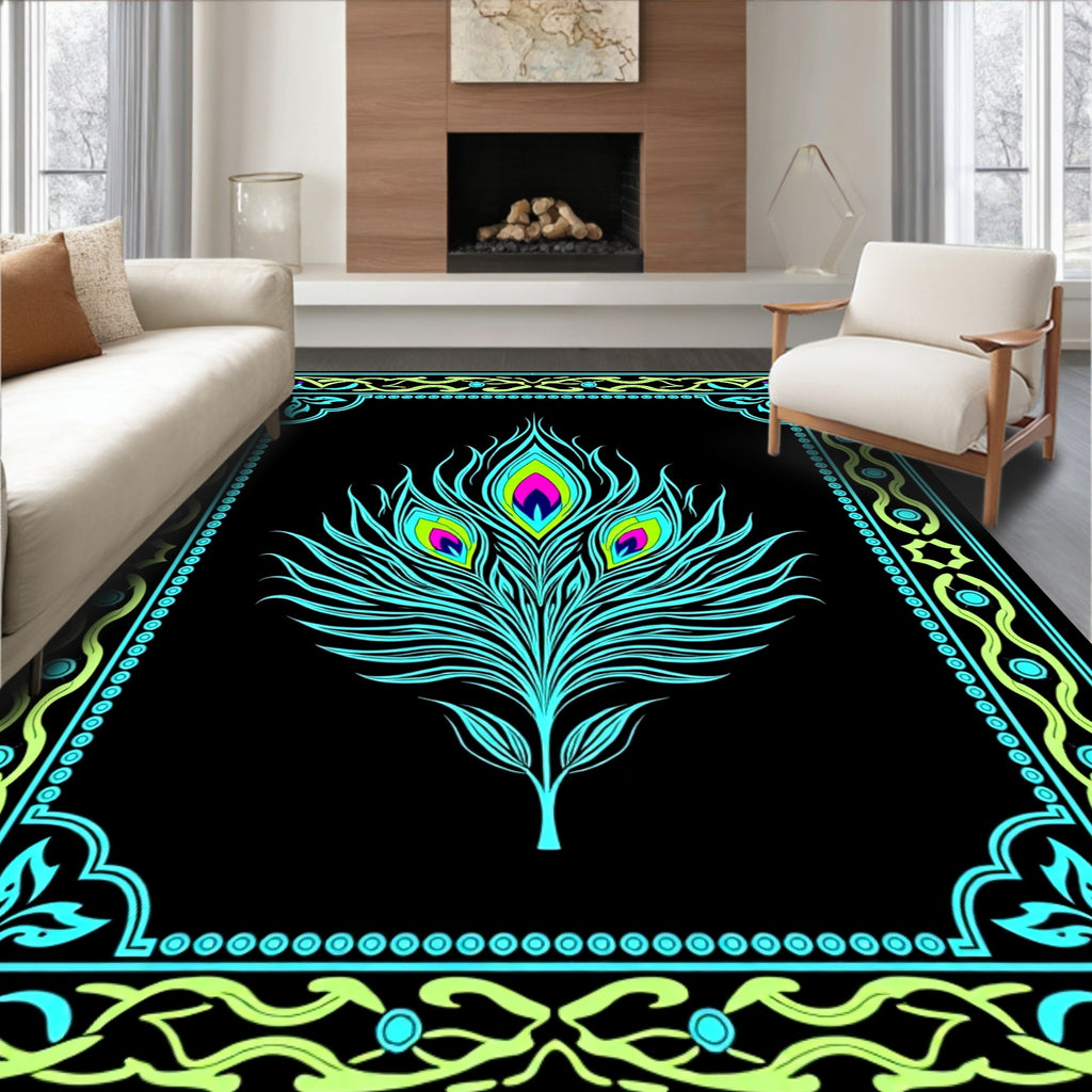 Vibrant Teal Peacock Feather Frame Rug