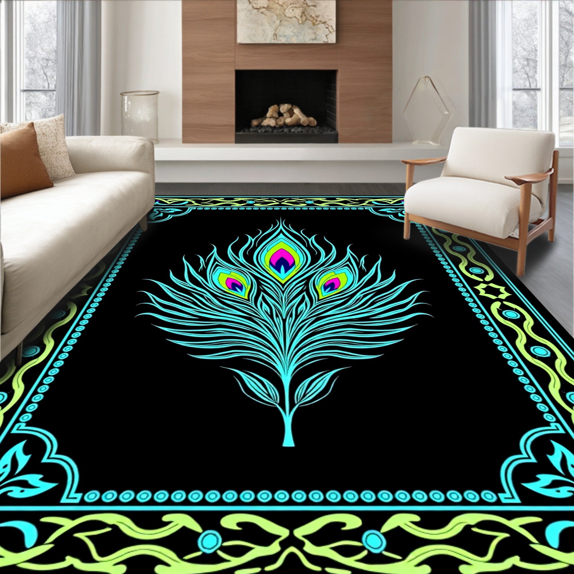 Vibrant Teal Peacock Feather Frame Rug
