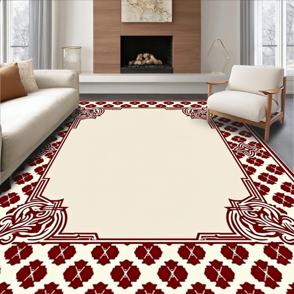 Crimson Floral Crested Abstract Border Rug