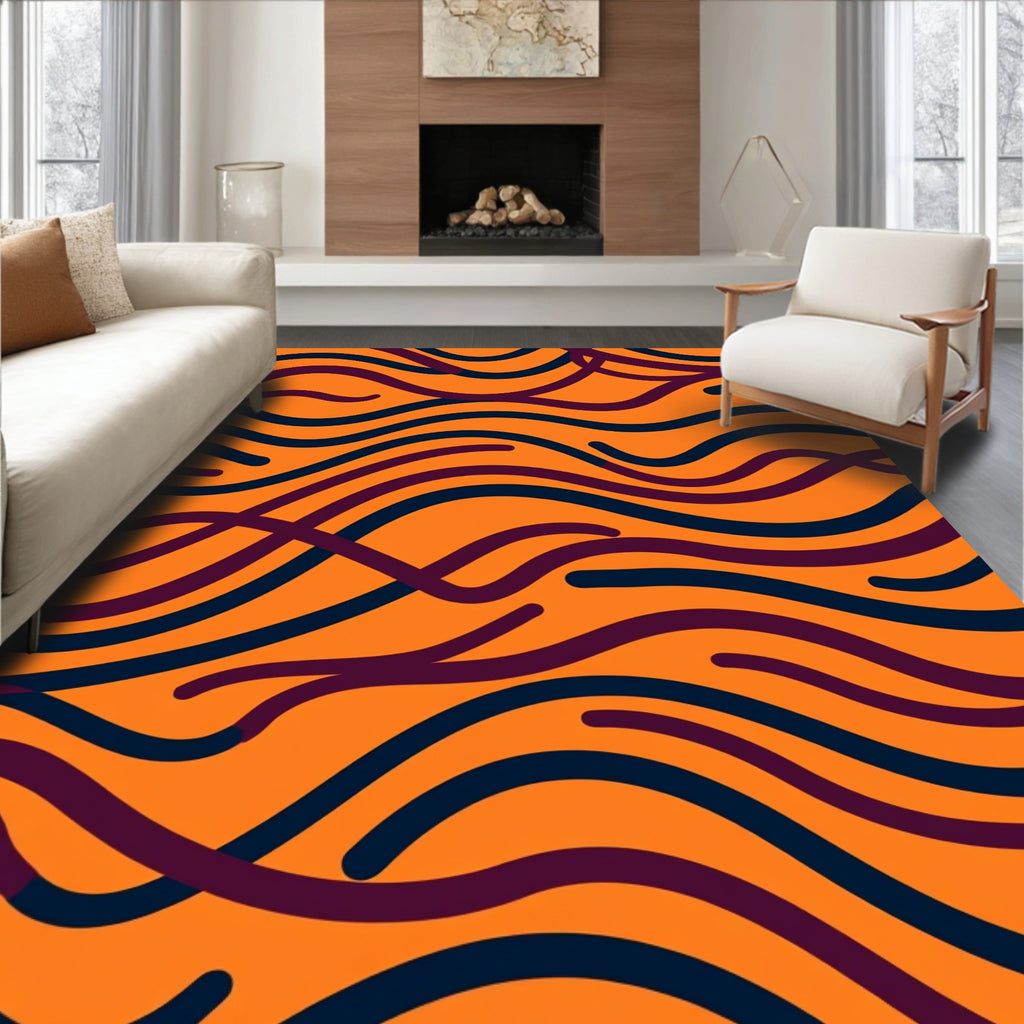Bold Orange Indigo Wavy Lines Rug