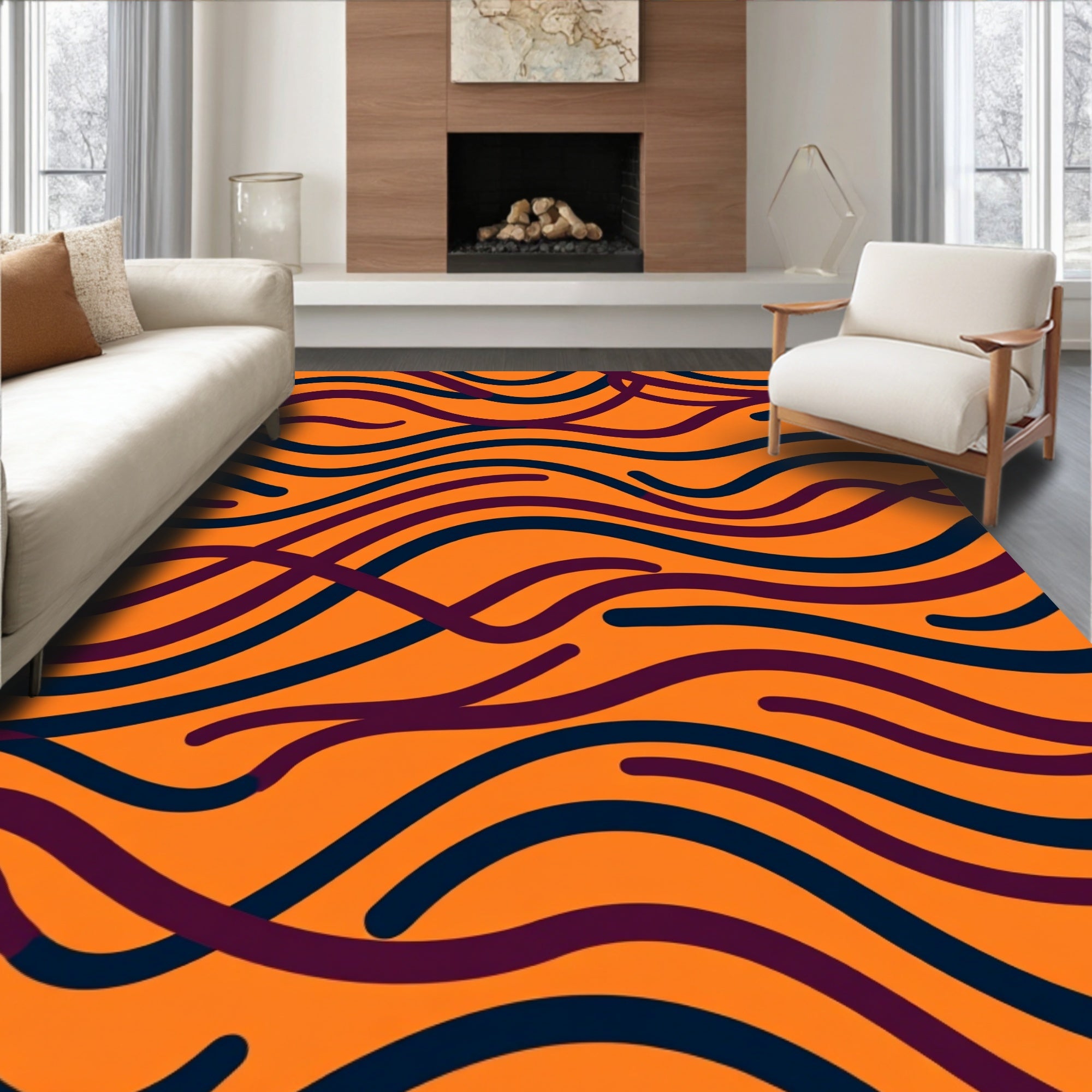 Bold Orange Indigo Wavy Lines Rug
