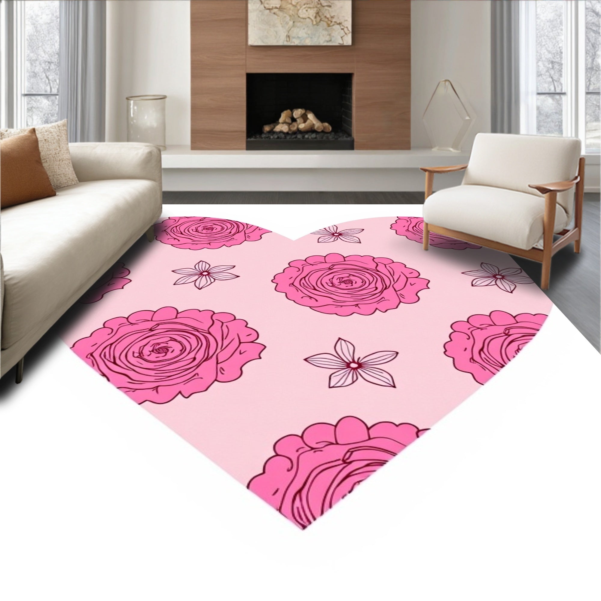 Pink Rose Blossom Heart Collage Rug