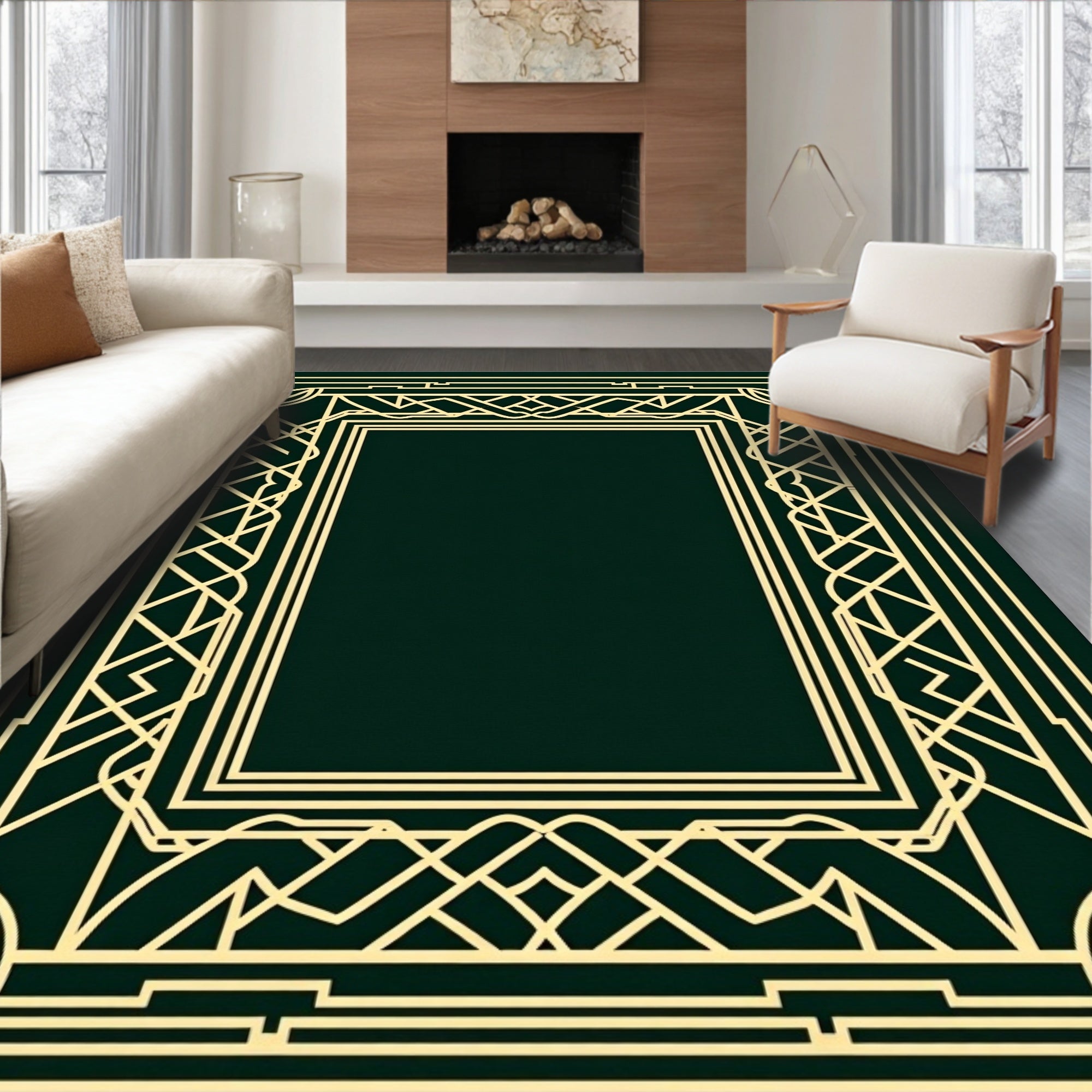 Elegant Gold Geometric Deco Frame Rug