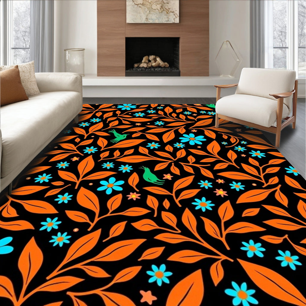 Orange Leaves Green Birds Blue Flowers Rug