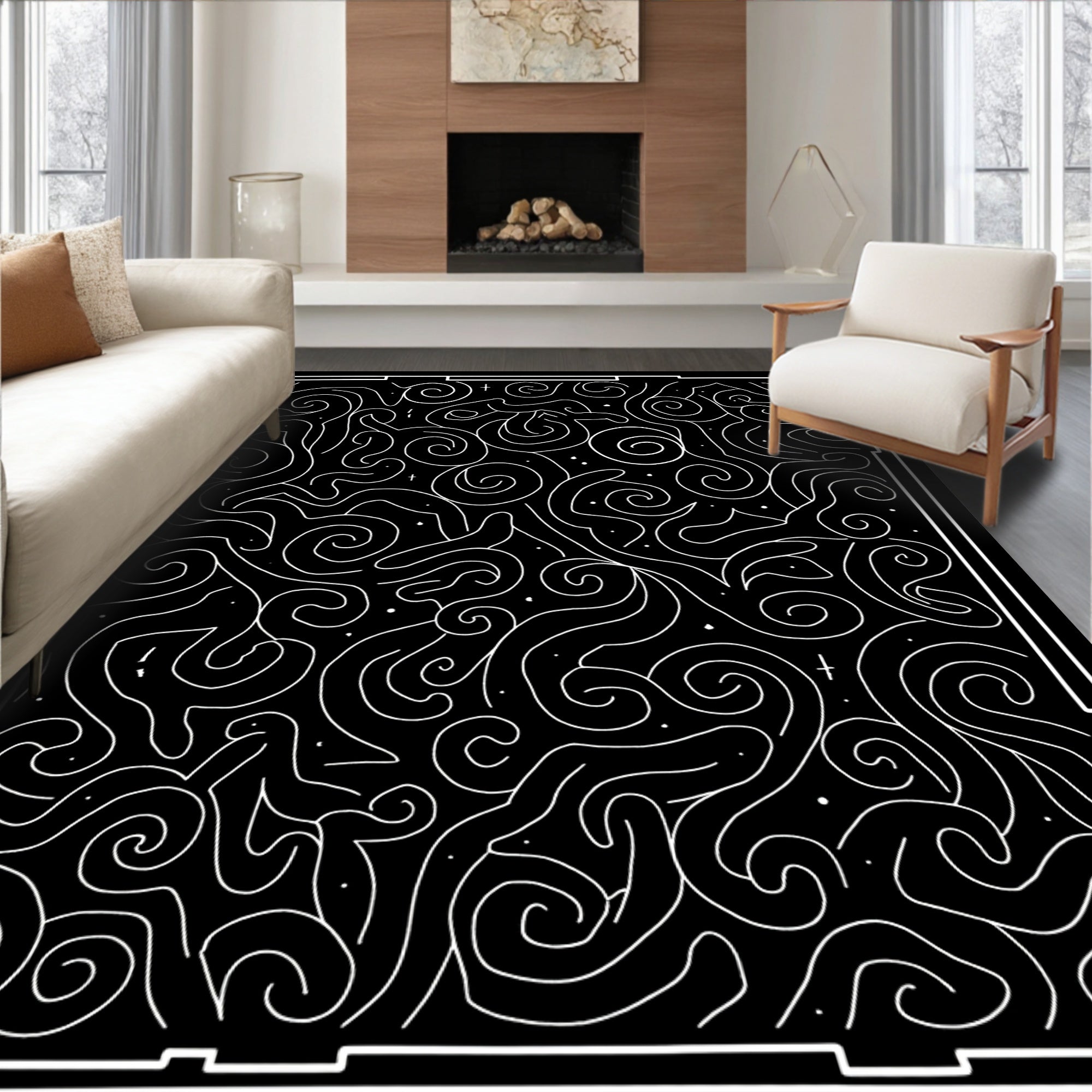 Abstract Black White Swirl Lines Rug