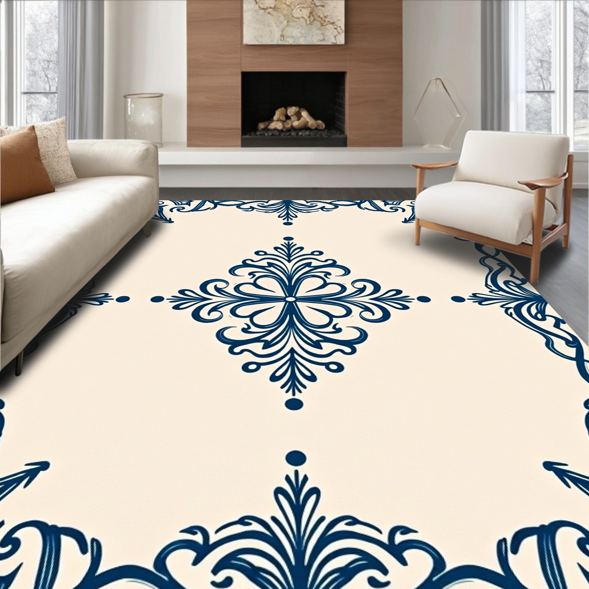 Cream and Navy Flourish Medallion Rug