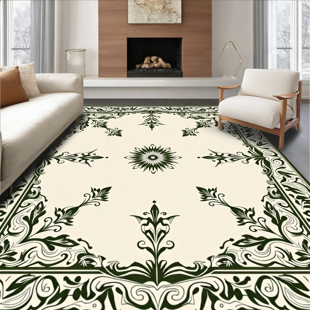 Ornate Emerald Floral Medallion Ivory Rug