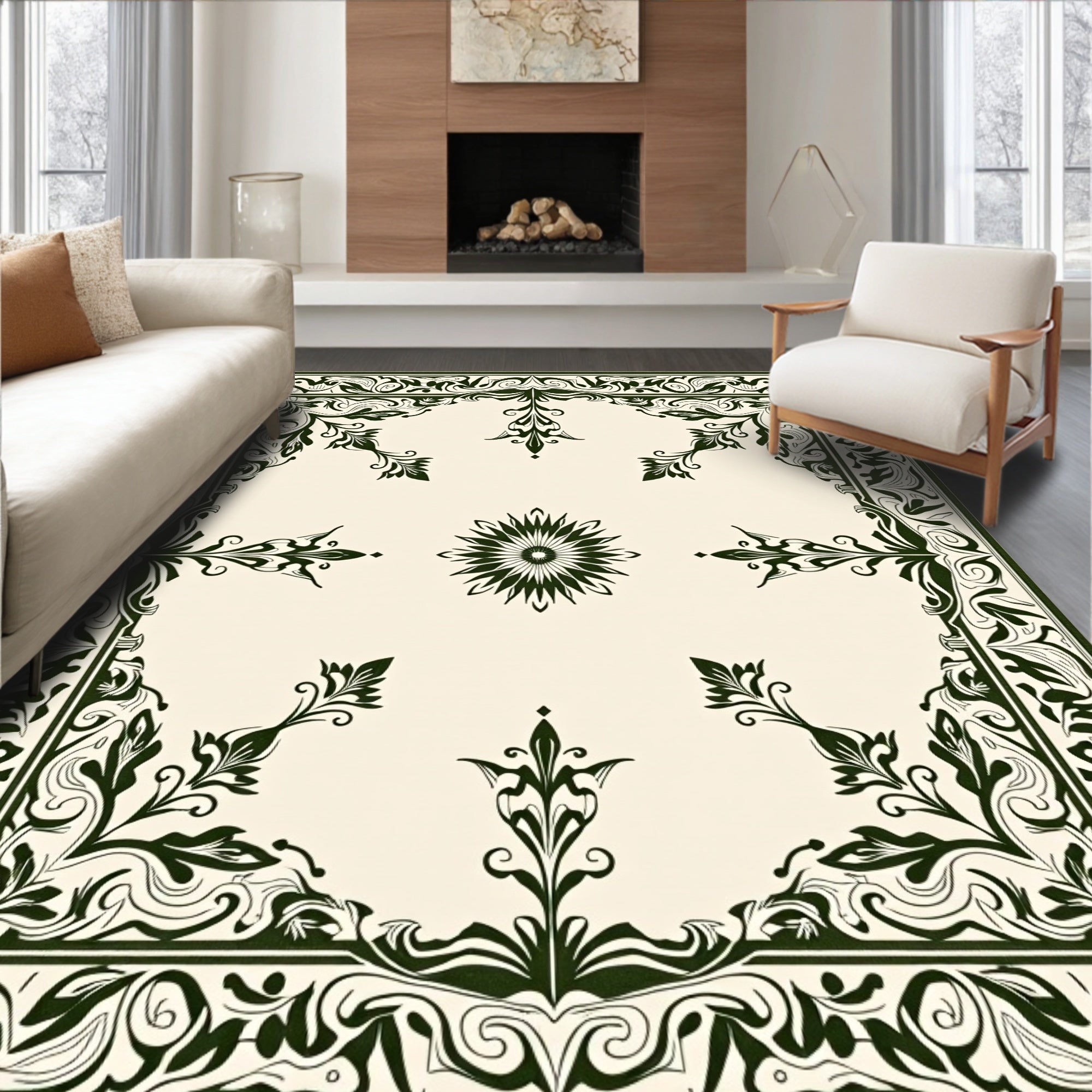 Ornate Emerald Floral Medallion Ivory Rug
