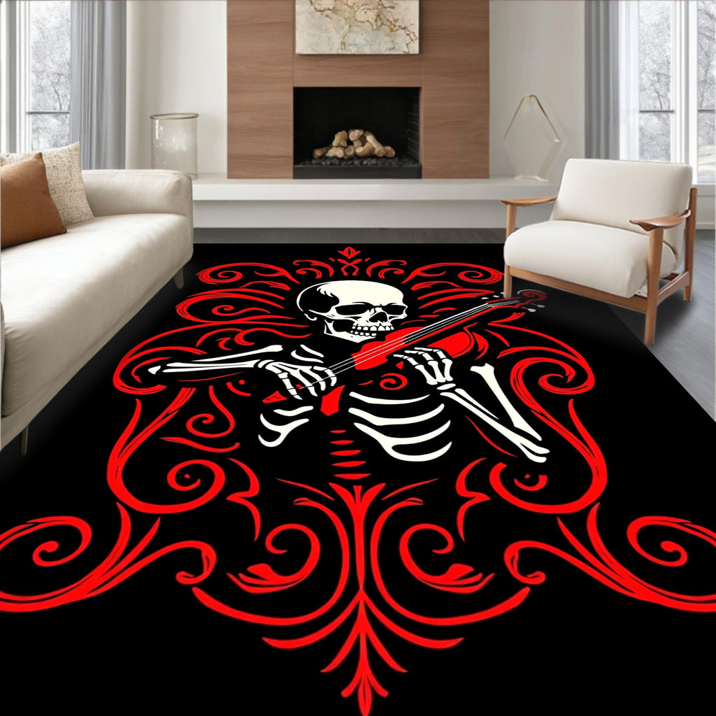 Crimson Skeleton Violinist Ornate Rug