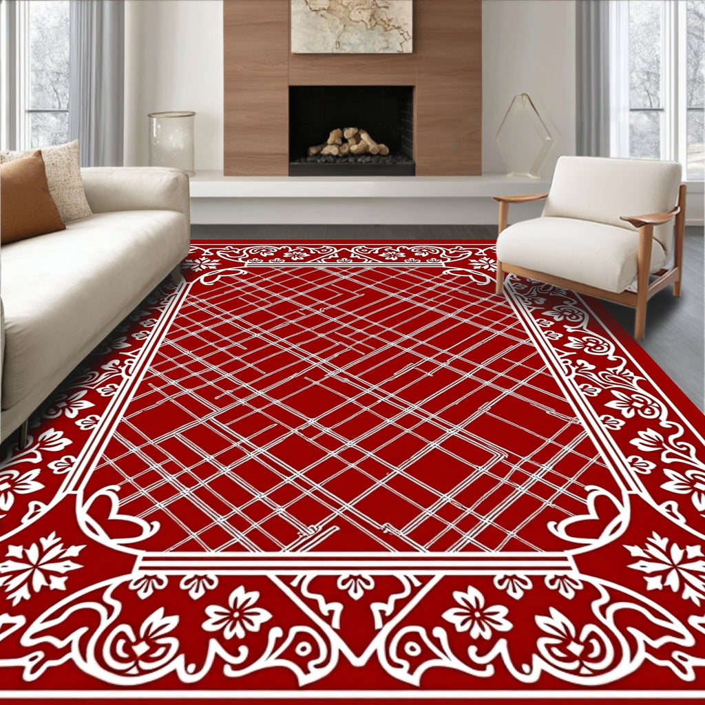 Crimson White Floral Border Intertwined Lines Rug