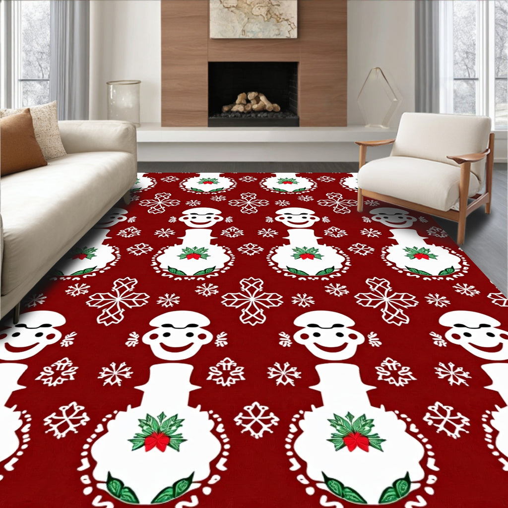 Festive Red Snowman Holly Snowflakes Rug