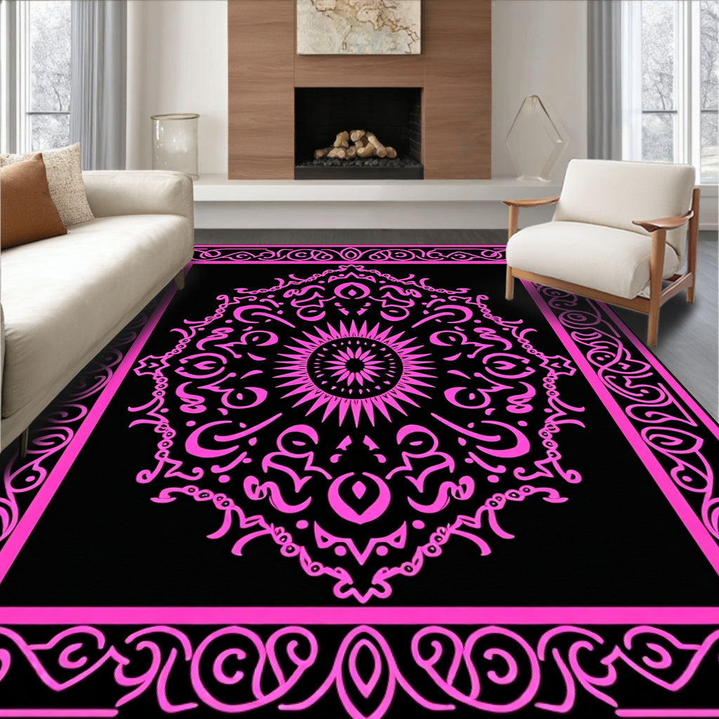 Hot Pink Black Ornamental Medallion Rug