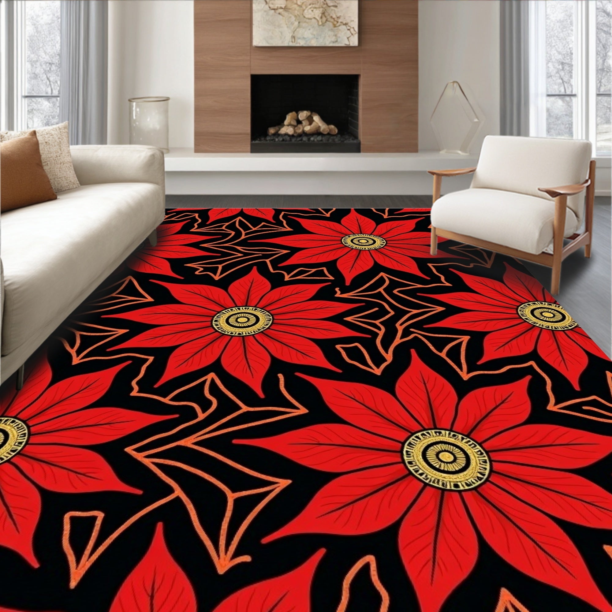 Bold Red Floral Geometric Medallion Rug