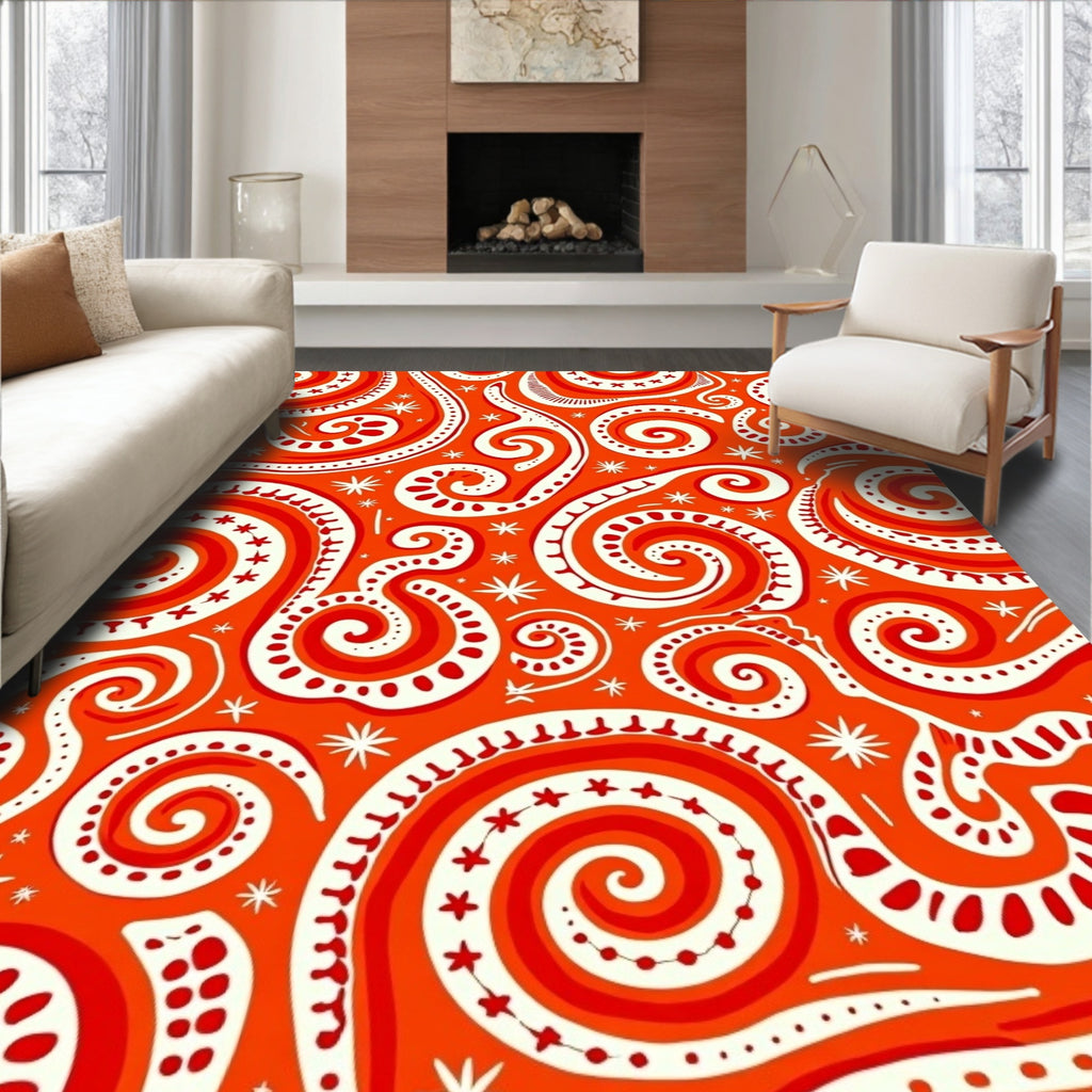 Abstract Swirls Cream Red Orange Rug