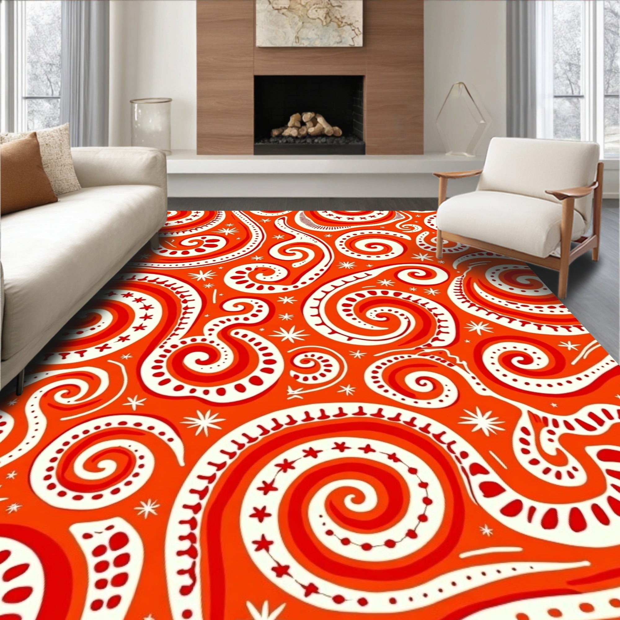 Abstract Swirls Cream Red Orange Rug