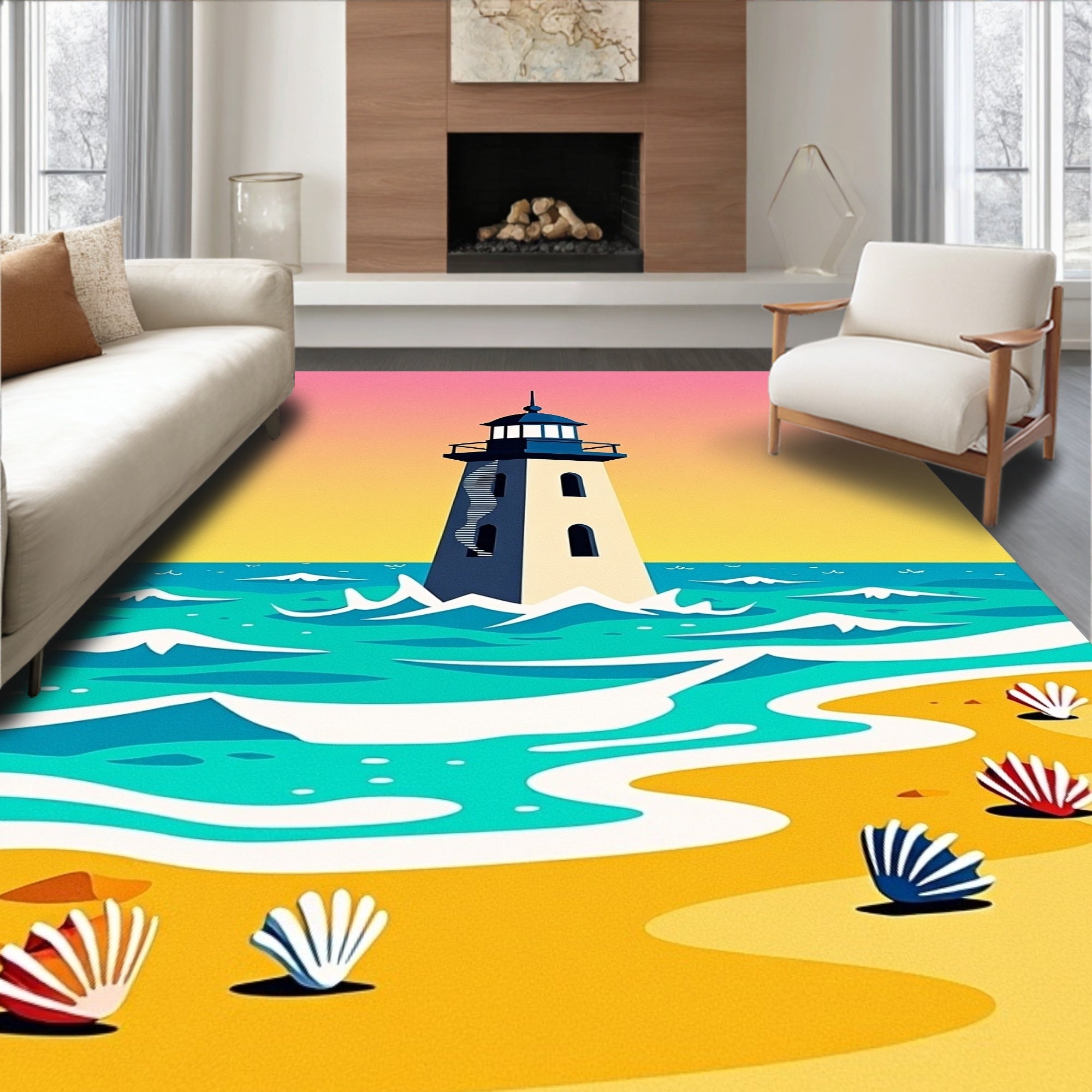 Coastal Lighthouse Beach Sunset Seashells Rug