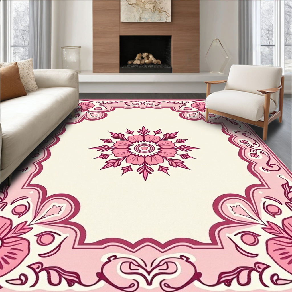 Pink Floral Medallion Border Rug