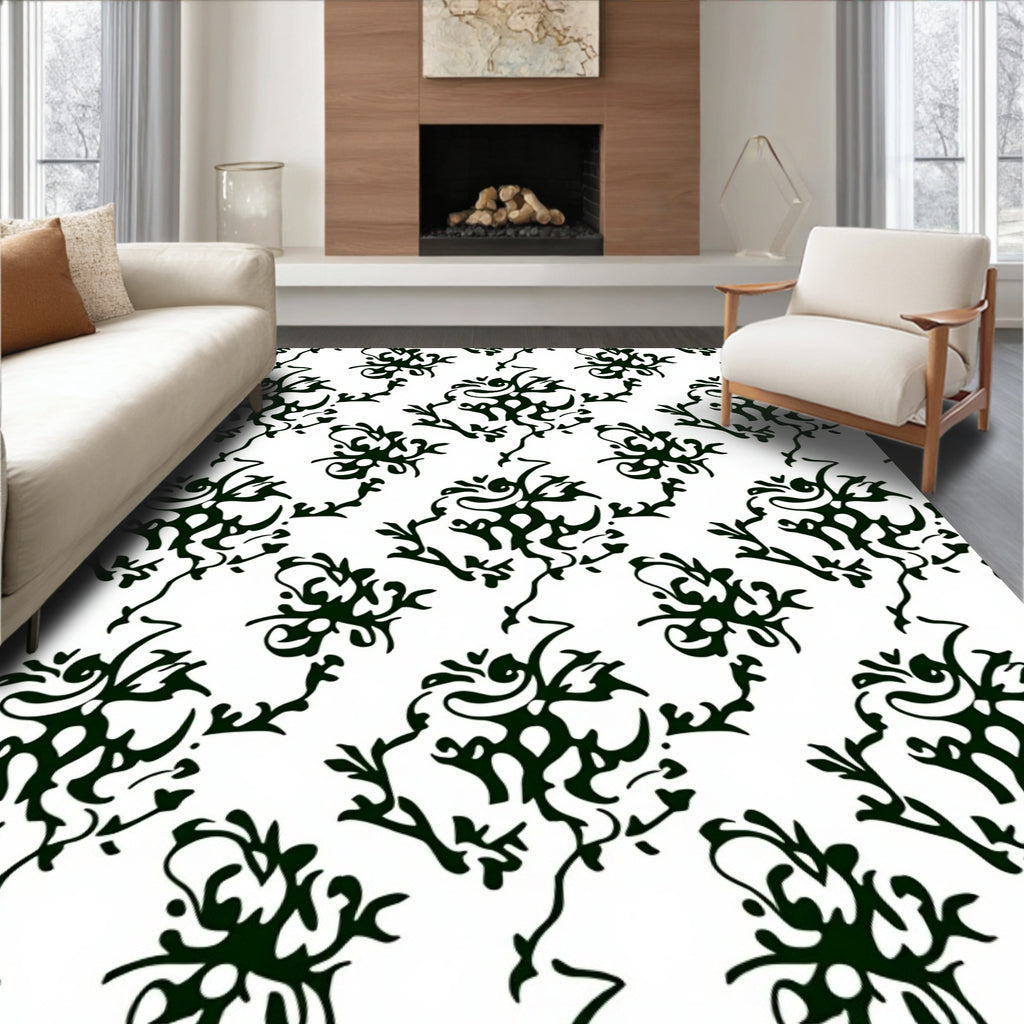 Black White Organic Vine Flourish Rug
