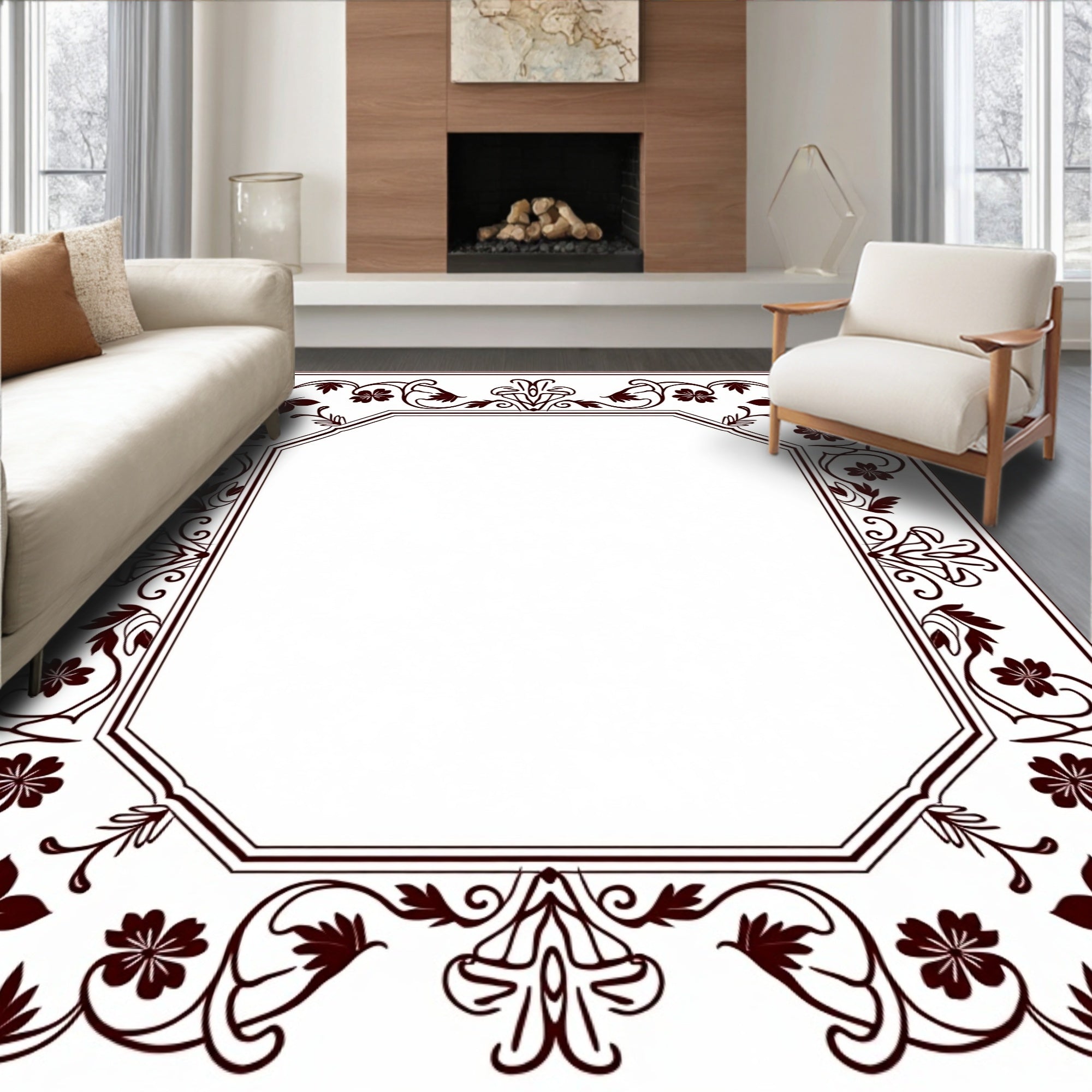 Classic Marroon Floral Vine Border Rug