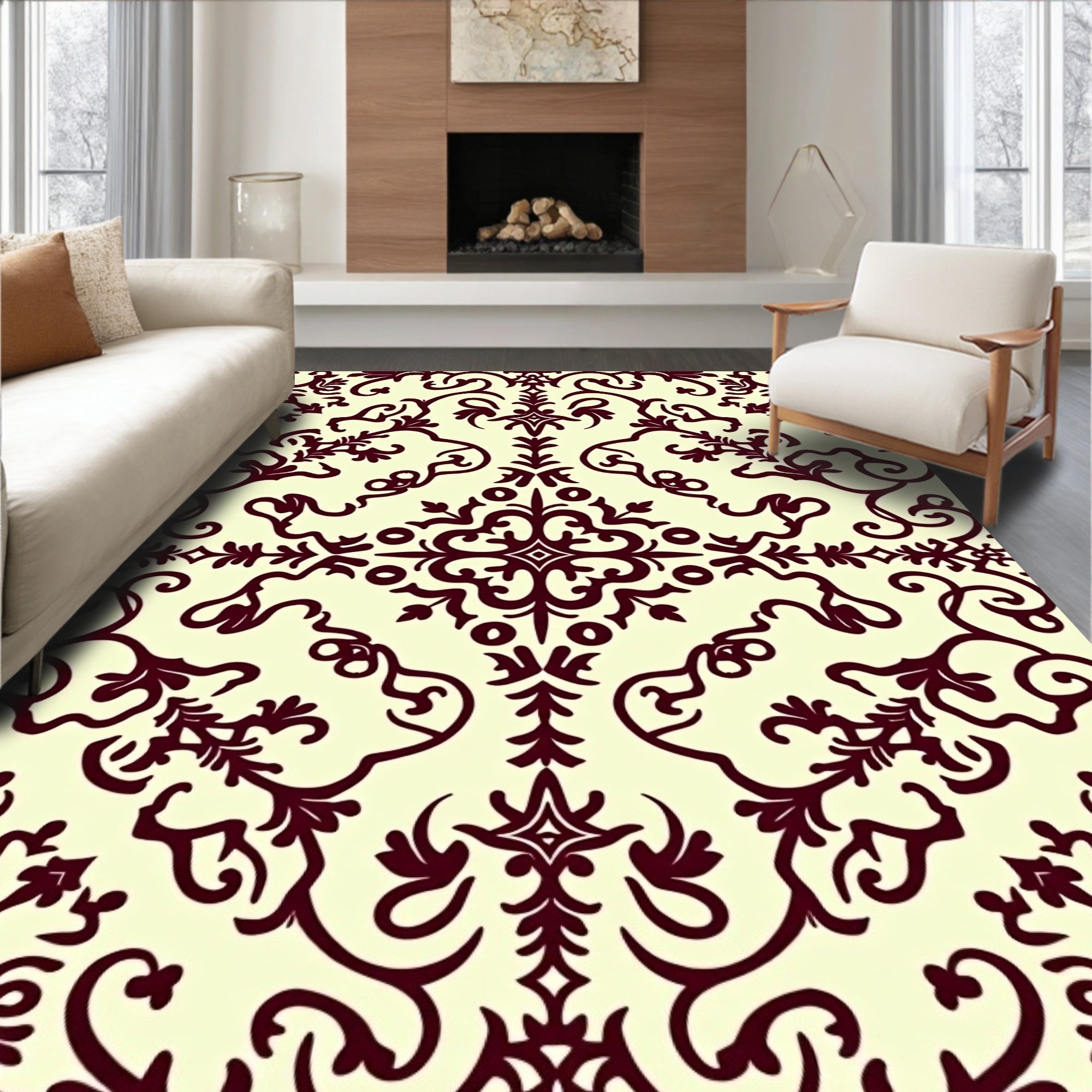 Elegant Burgundy Damask Scrollwork Rug