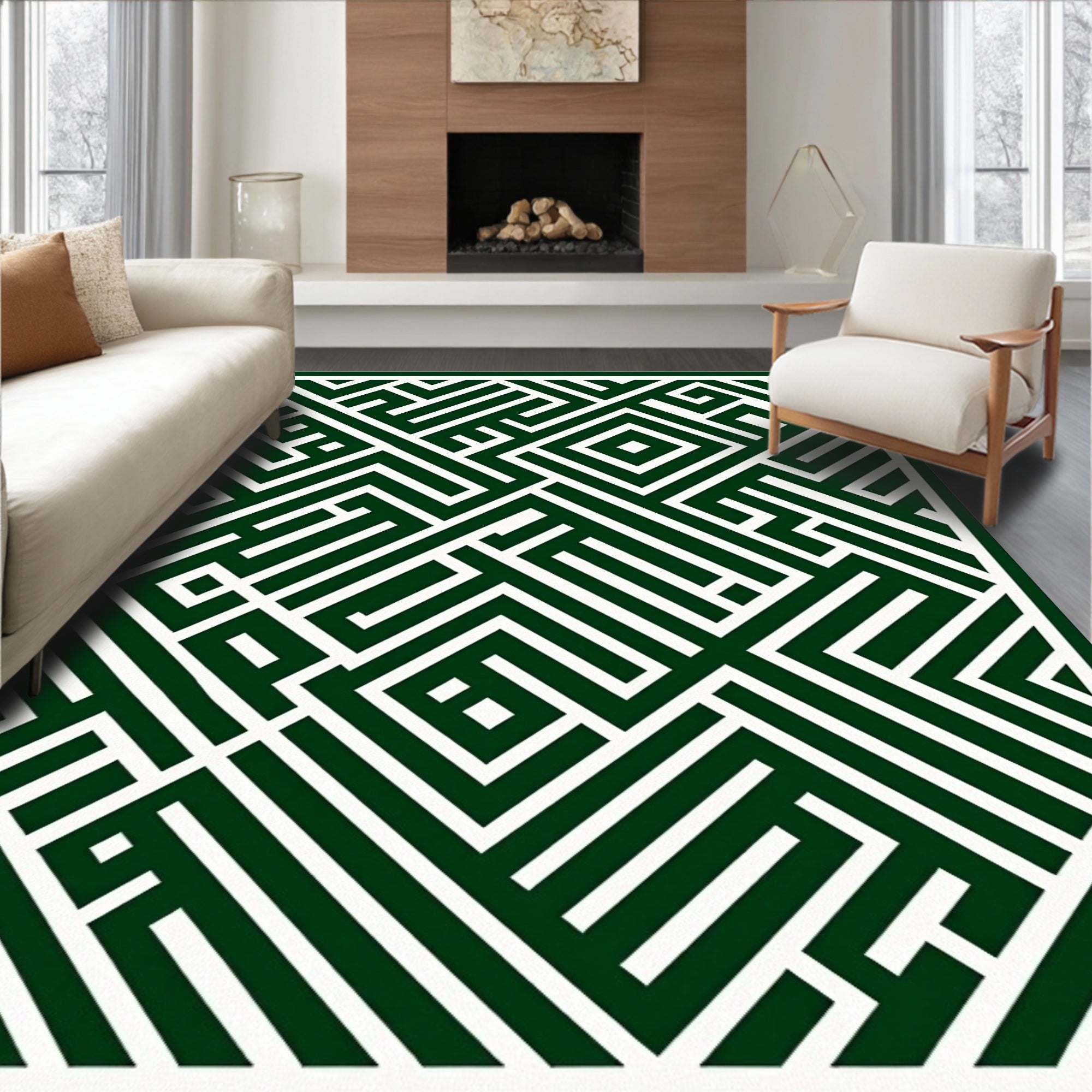 Dark Green Maze Labyrinth Lines Rug