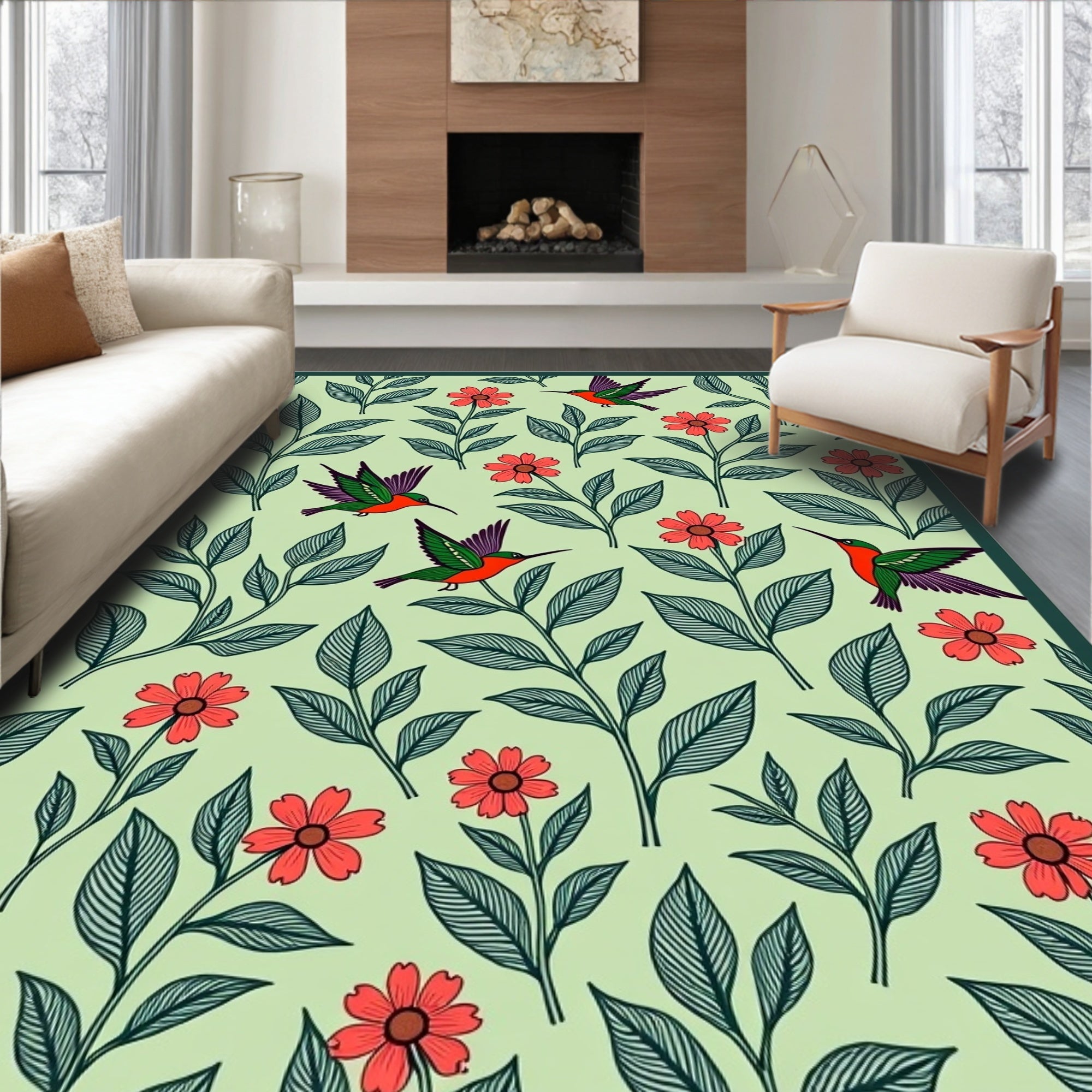 Whimsical Orange Flower Hummingbird Garden Rug