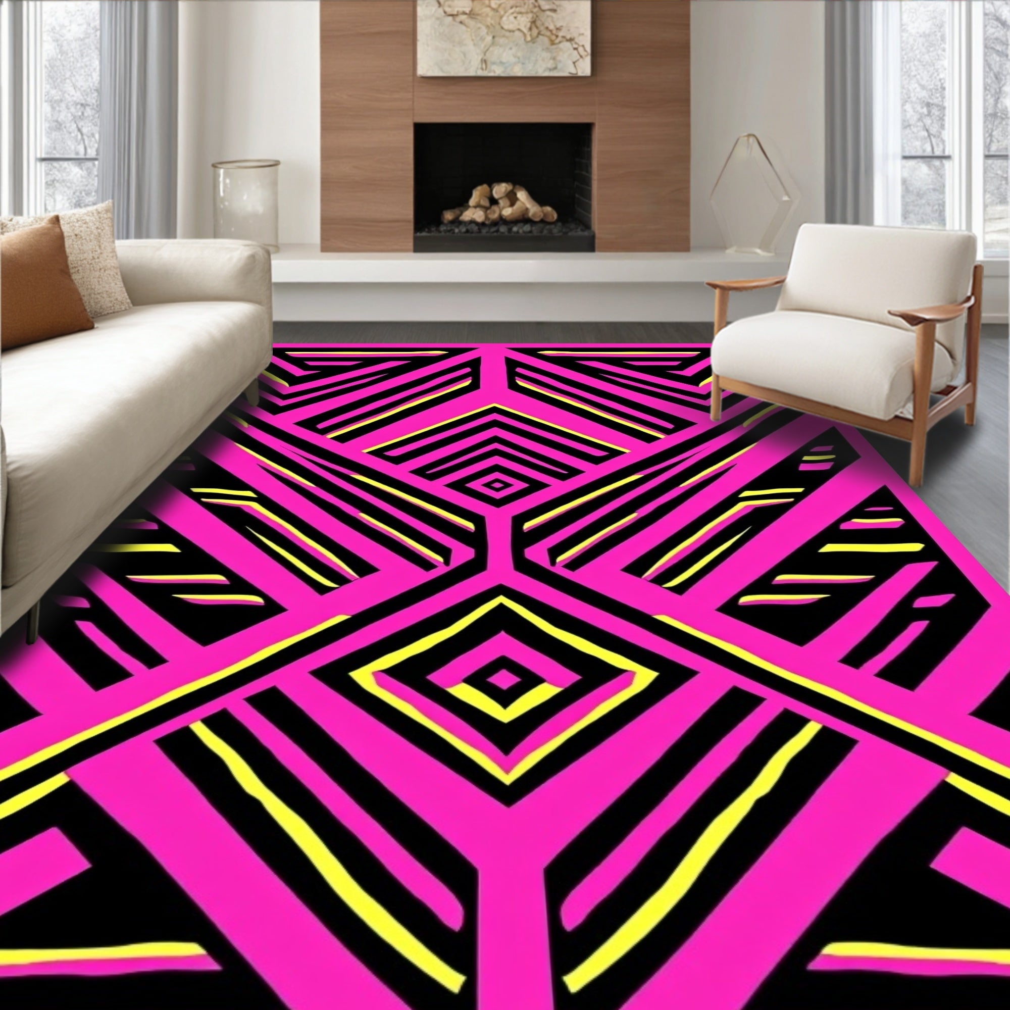 Bold Pink Yellow Geometric Lines Rug