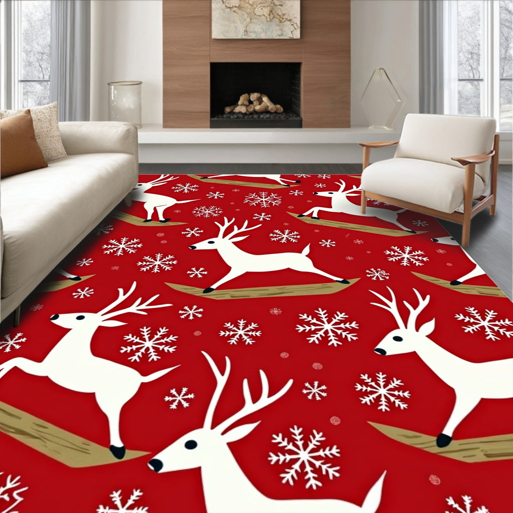Red White Reindeer Snowflake Celebration Rug