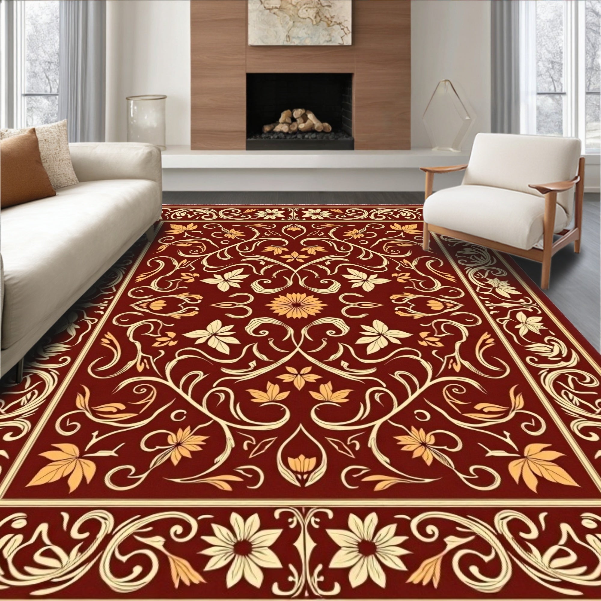 Deep Red Cream Floral Vine Medallion Rug