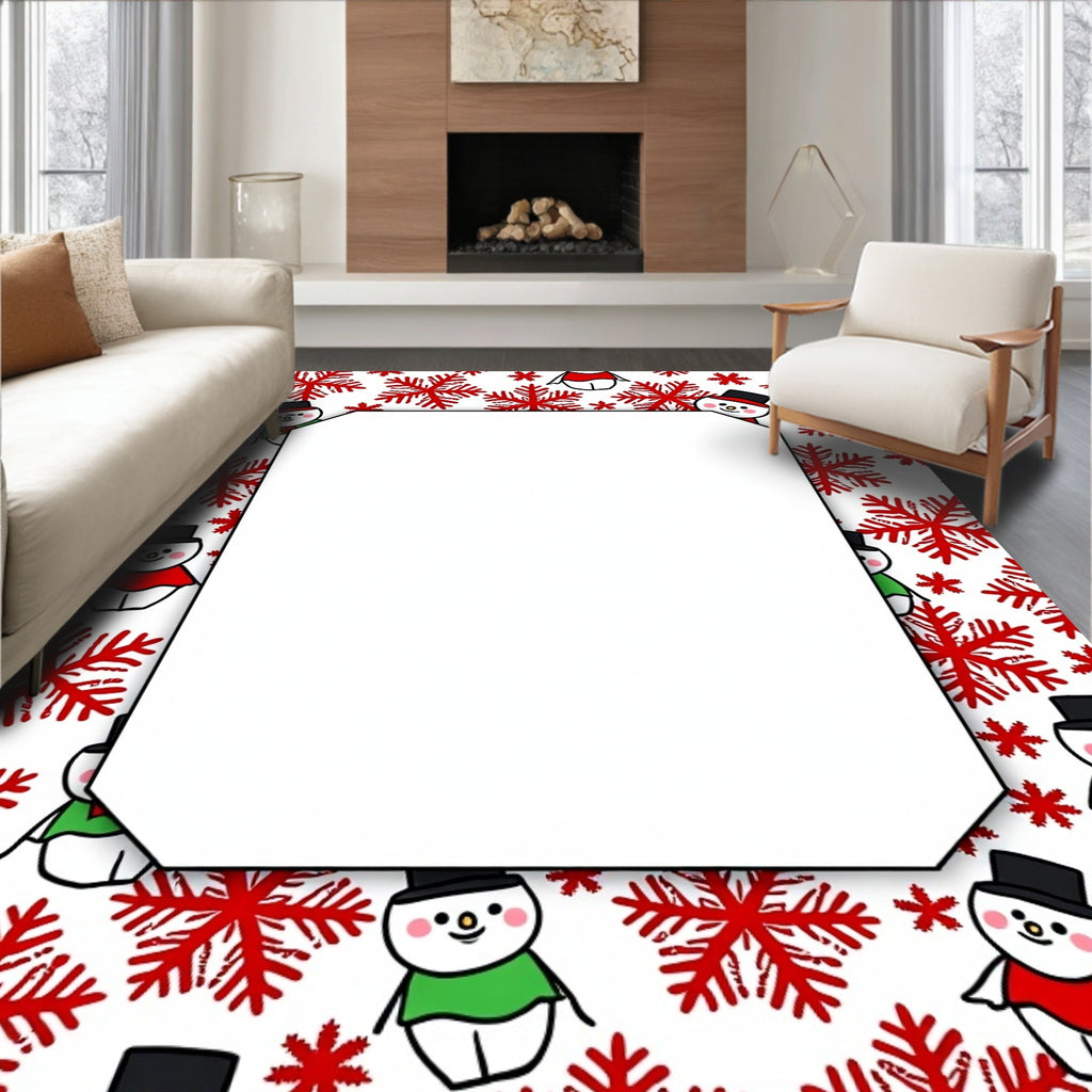 Whimsical Snowman Red Snowflake Border Rug