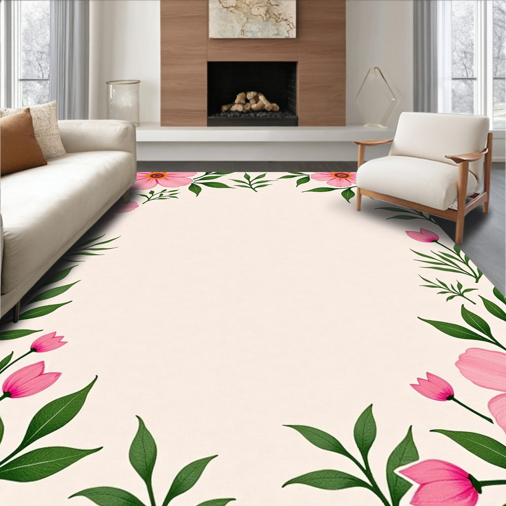 Pink Floral Border With Green Leaves Rug