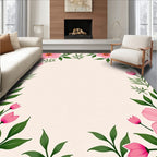 Pink Floral Border With Green Leaves Rug