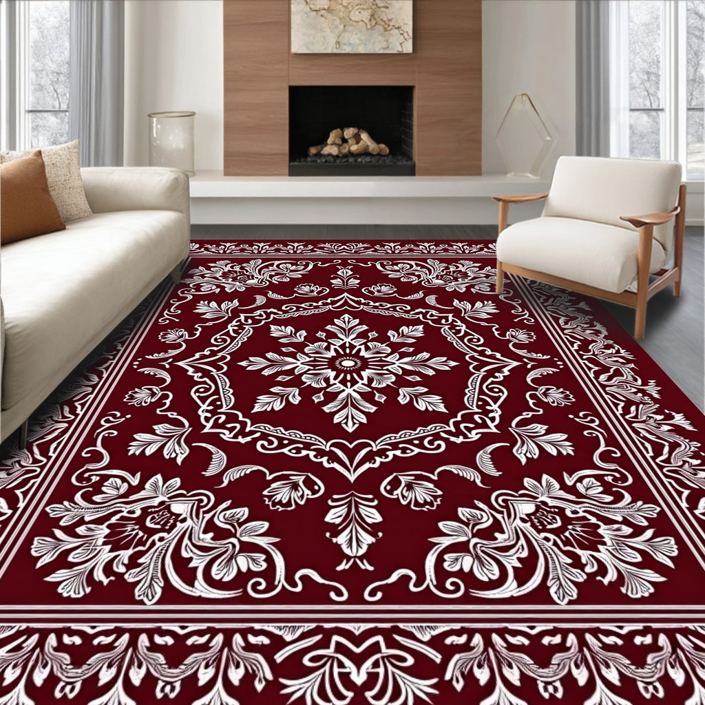 Crimson Ornate Floral Scrollwork Rug