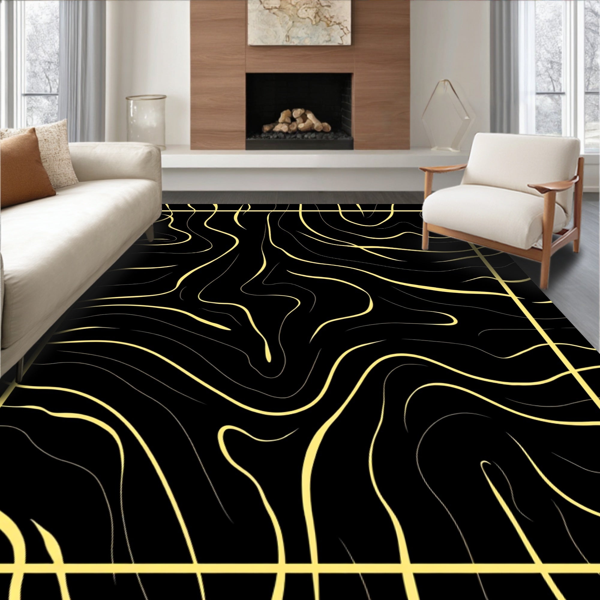 Black Gold Swirling Contour Rug
