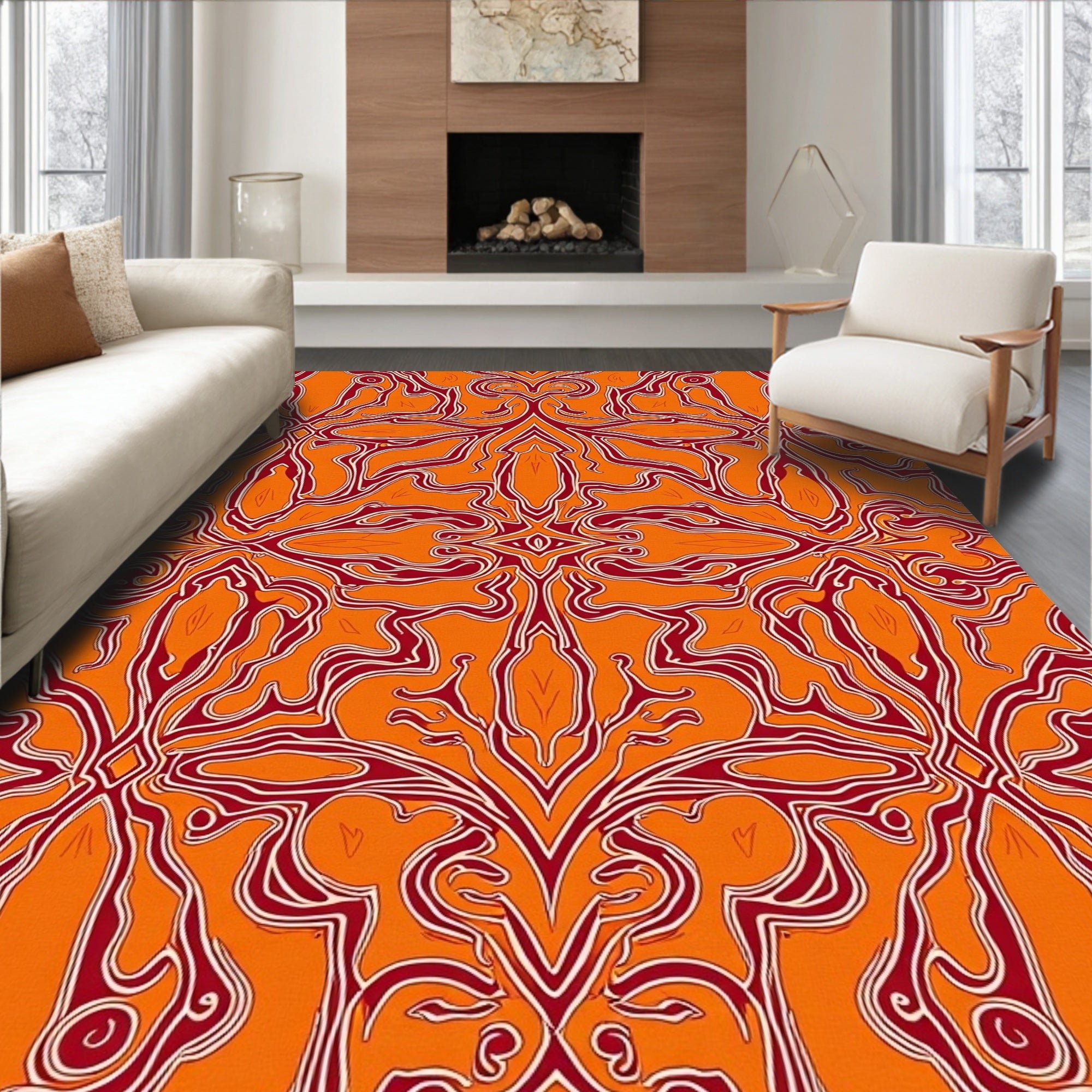 Orange Red Swirling Abstract Medallion Rug