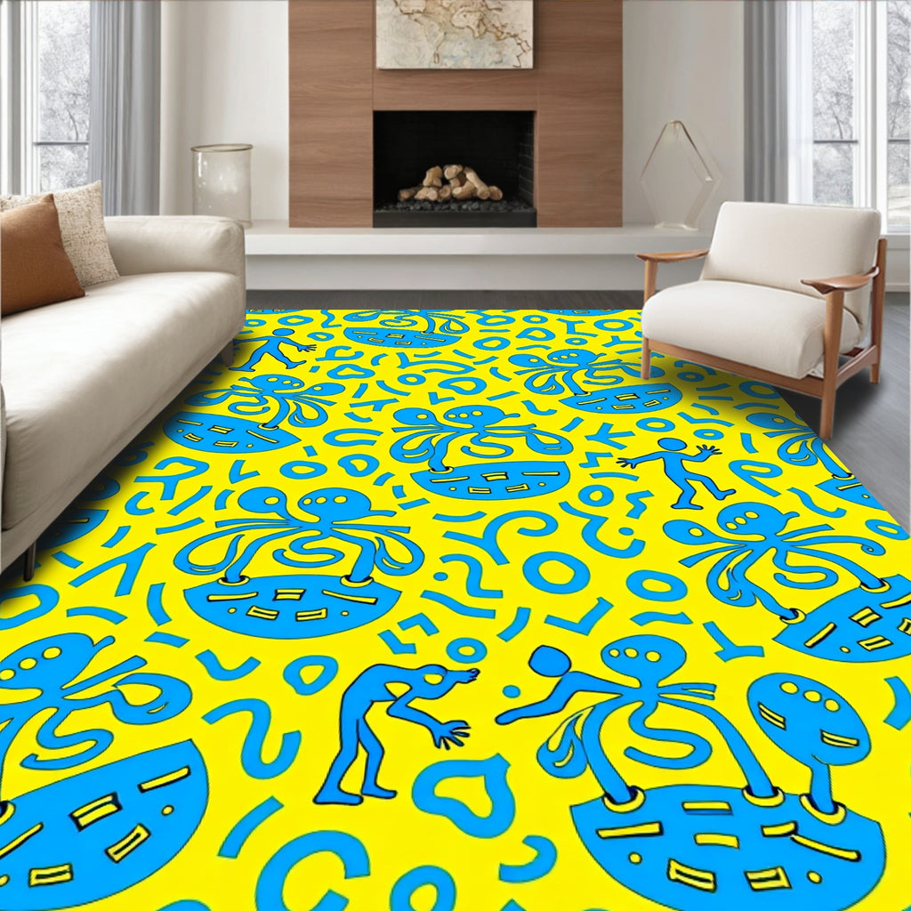 Bright Yellow Blue Whimsical Figures Rug