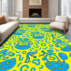 Bright Yellow Blue Whimsical Figures Rug